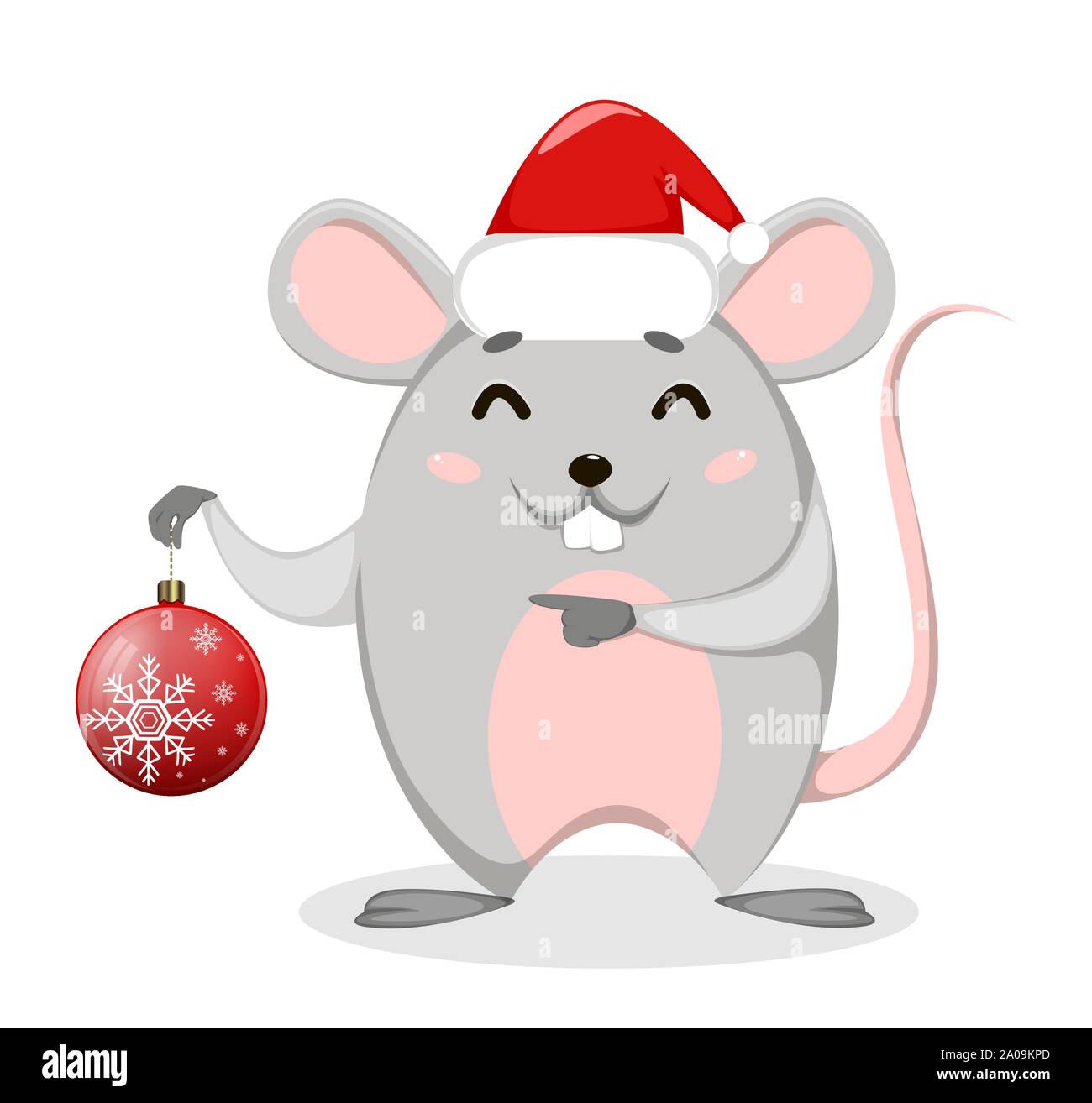 Joyeux Nouvel An chinois. Funny cartoon Christmas Tree ball détient de rat. Vector illustration sur fond blanc. Illustration de Vecteur