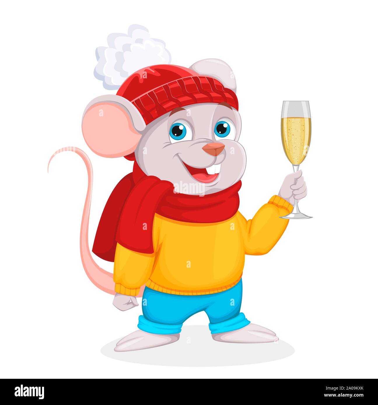 Joyeux Noël et Bonne Année. Drôle de personnage de souris est titulaire d'un verre de champagne. Vector illustration sur fond blanc. Illustration de Vecteur