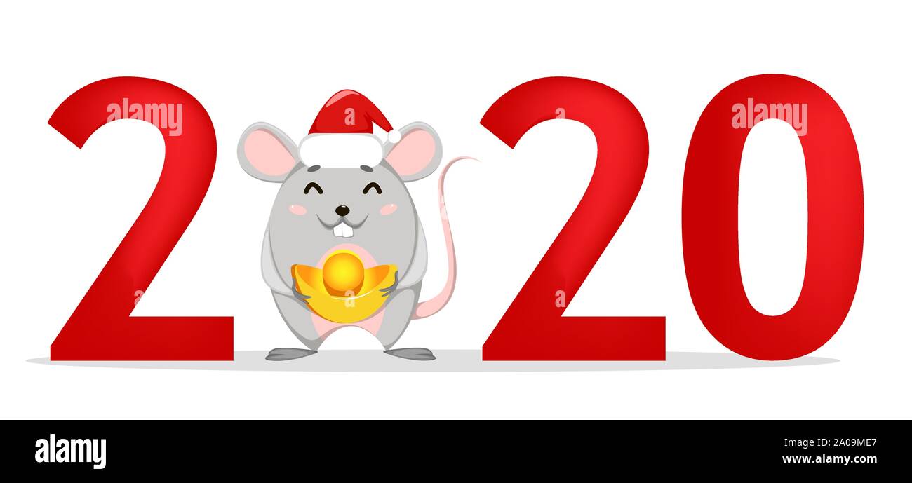Bonne année carte de vœux 2020 nombre et drôle personnage rat sur lieu de zéro. Vector illustration sur fond blanc Illustration de Vecteur
