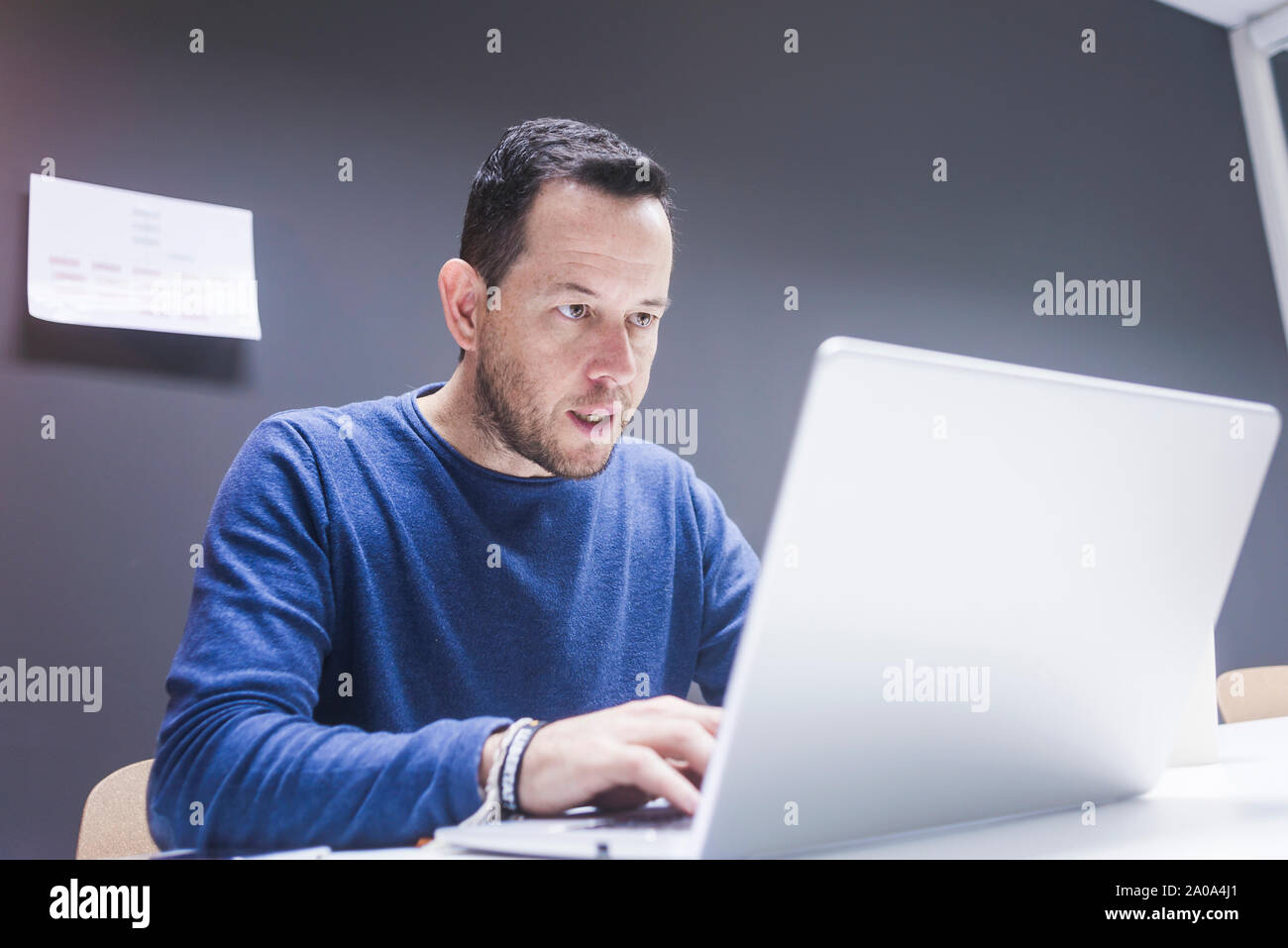 Bearded Man working on laptop in office Banque D'Images