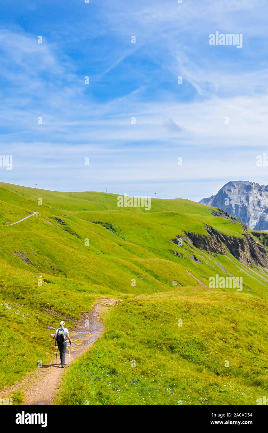 Photo verticale d'un randonneur dans les Alpes suisses à marcher avec des bâtons de marche. Montagnes célèbre Jungfrau, Eiger, Mönch et dans l'arrière-plan. Green paysage alpin. La marche nordique. De l'Été Activités de plein air. Banque D'Images