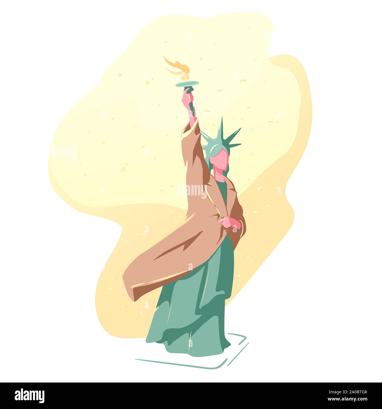 Projet d'armoiries. Statue de la liberté à l'hiver dans un manteau. Arrière-plan de neige chaud à New York l'illustration. La charité avant Noël concept. Izolated sur blanc. Illustration de Vecteur