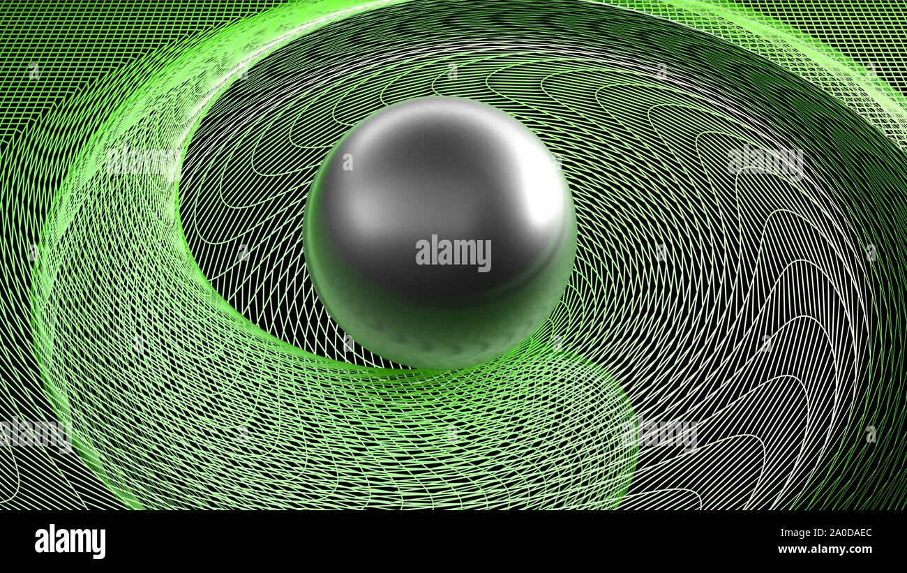 Noir brillant sphère en une spirale surface verte - le rendu 3D illustration Banque D'Images