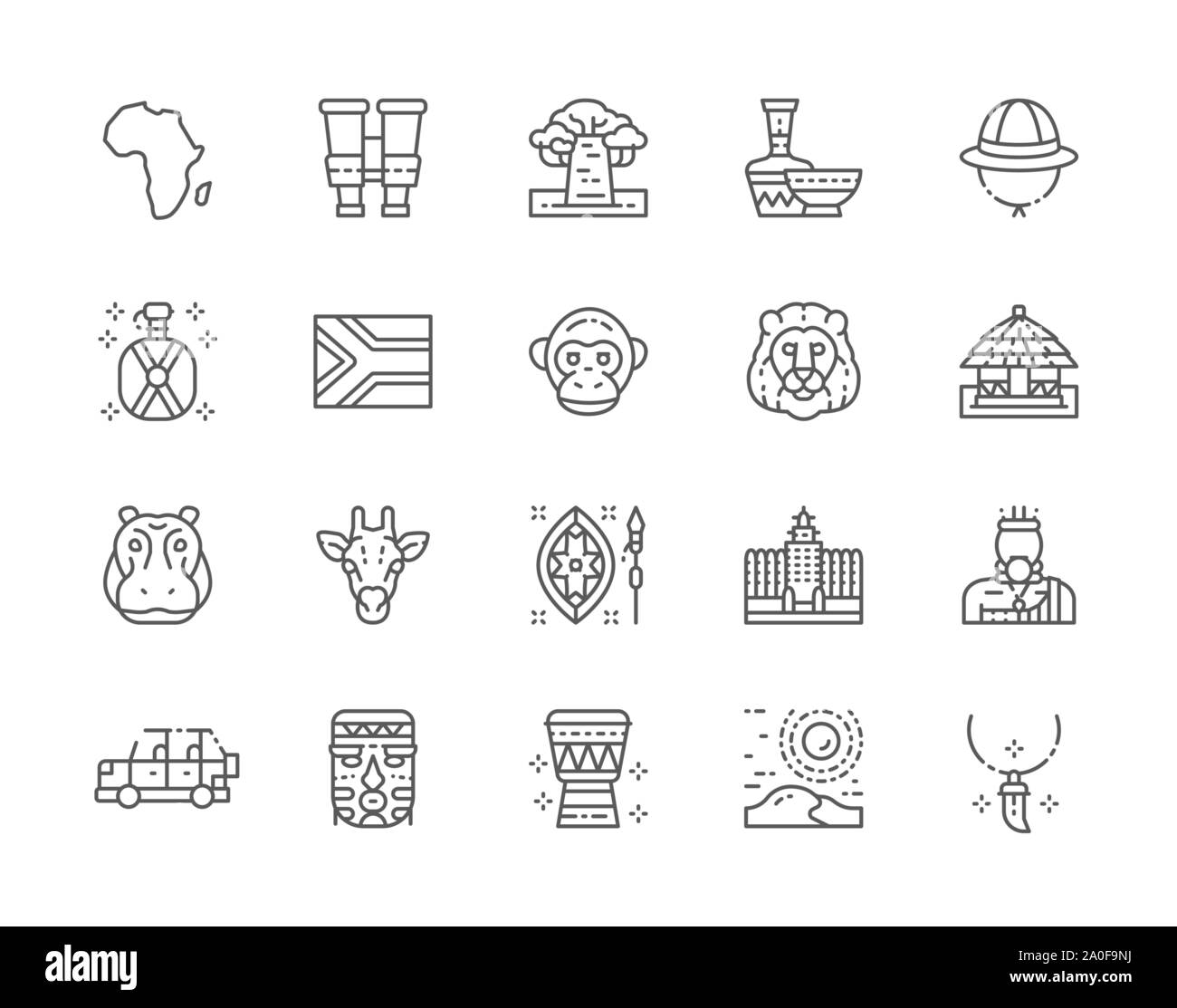 Ensemble d'icônes de ligne de l'Afrique. Pendentif dent, de jumelles, de la poterie, des animaux et plus encore. Illustration de Vecteur