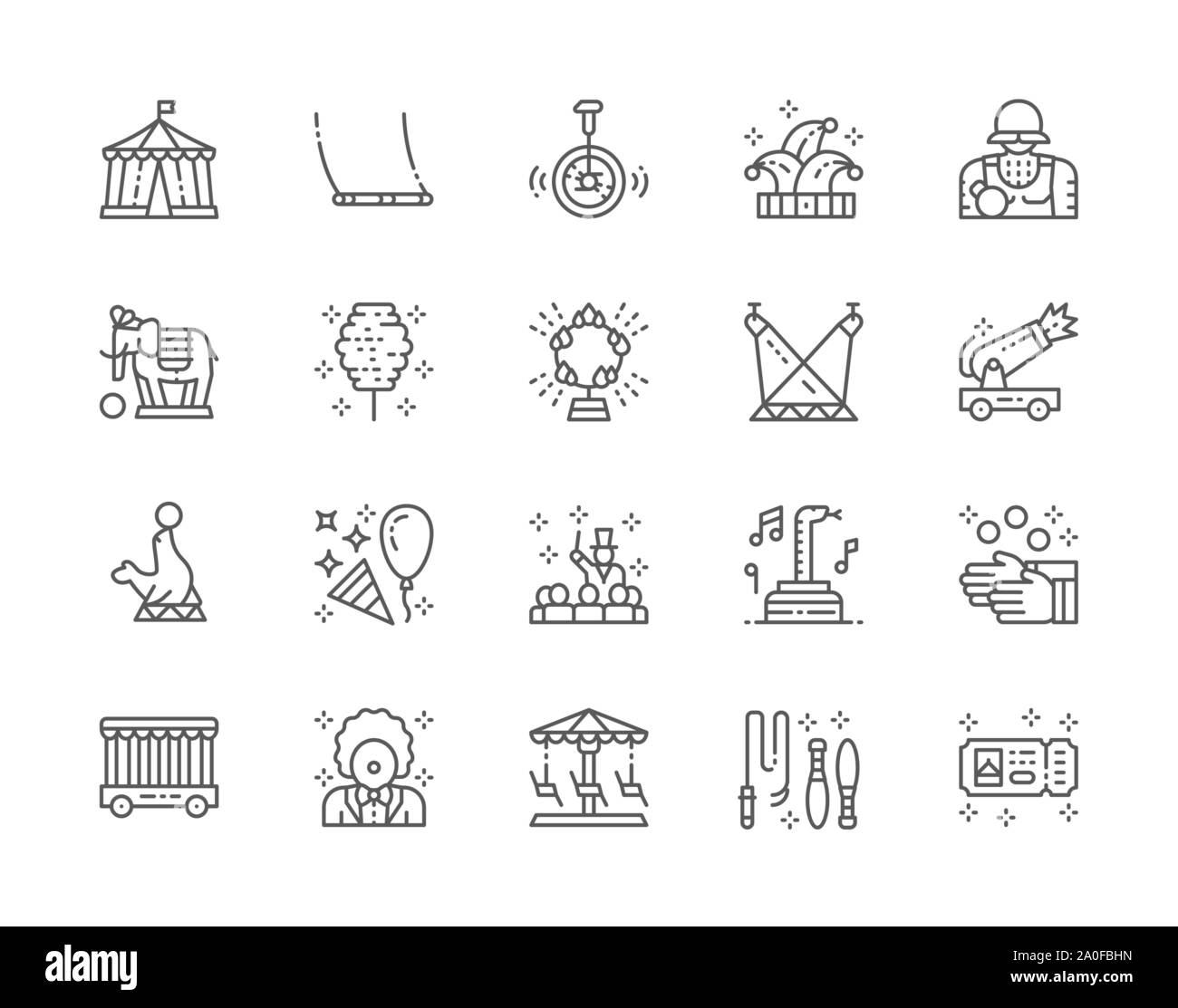 Ensemble d'icônes de ligne du Cirque. Clown, Swing, Unicycle, Jester Hat, l'éléphant et plus encore. Illustration de Vecteur