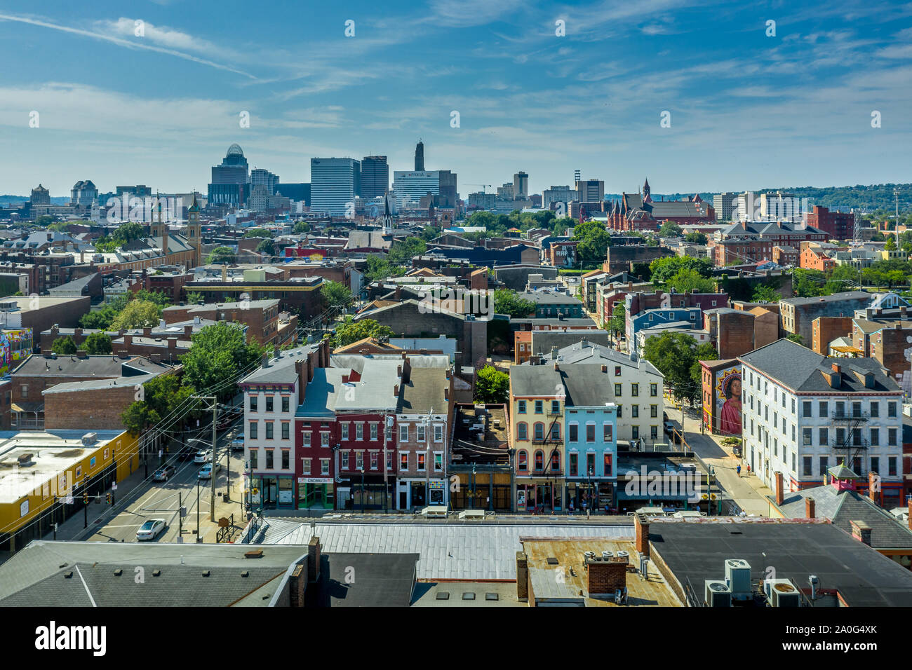 Cincinnati sur le Rhin re-embourgeoisés vue aérienne du quartier avec tour de siècle vacances bâtiments avec façades en briques colorées Banque D'Images