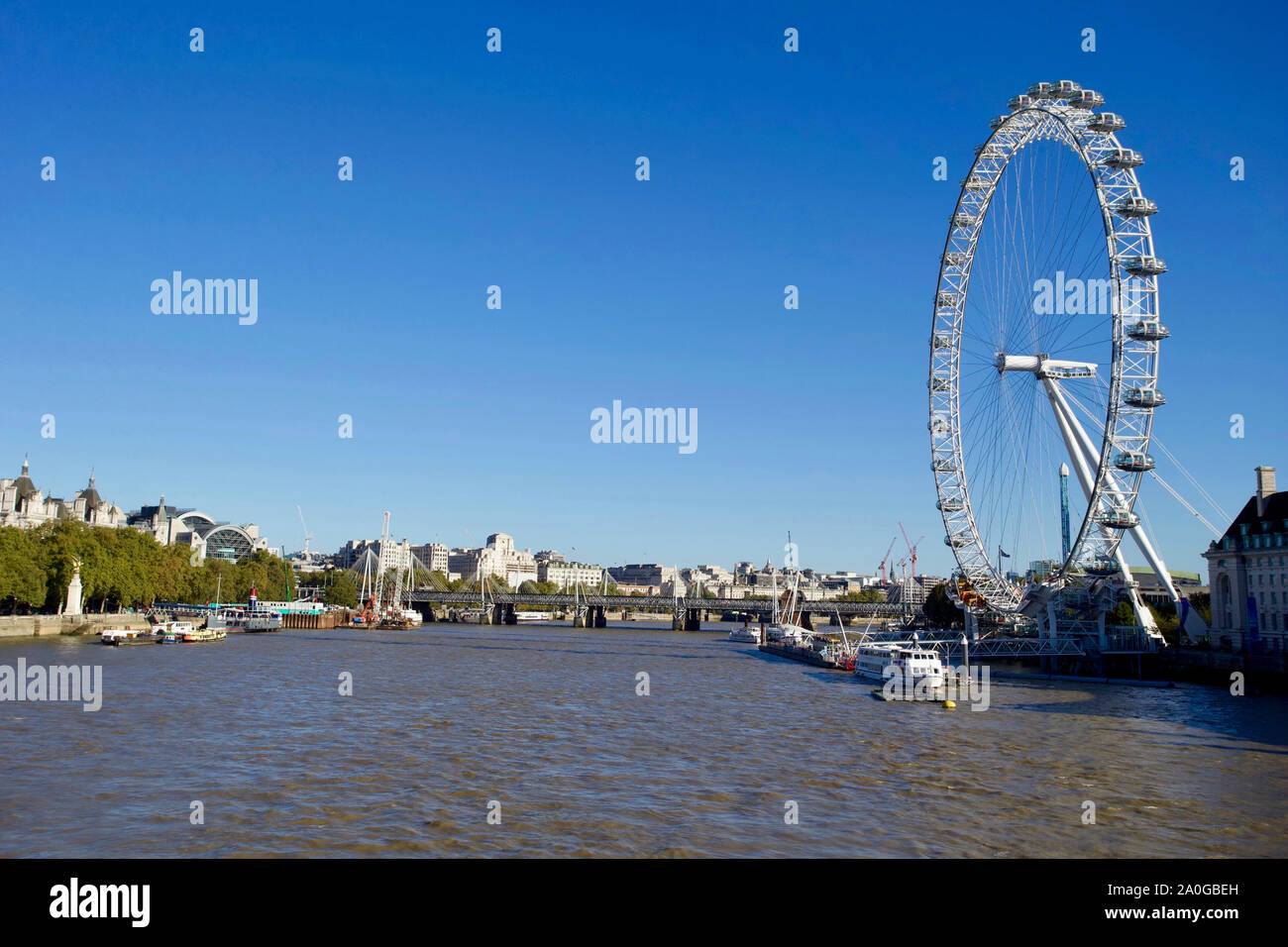 London Eye et Hungerford & Golden Jubilee Bridges, Rive Sud, Lambeth, Londres. Banque D'Images