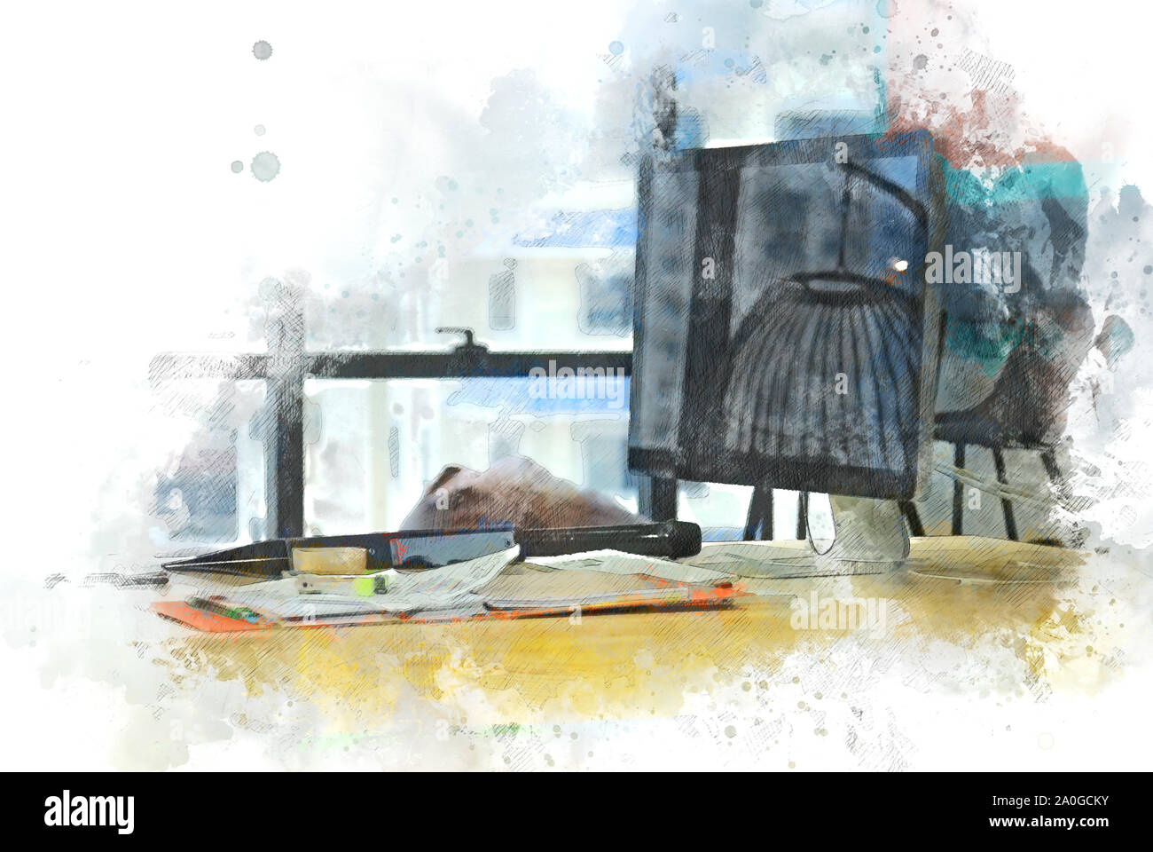 Abstract colorful table de travail à l'aquarelle peinture illustration bureau arrière-plan. Banque D'Images