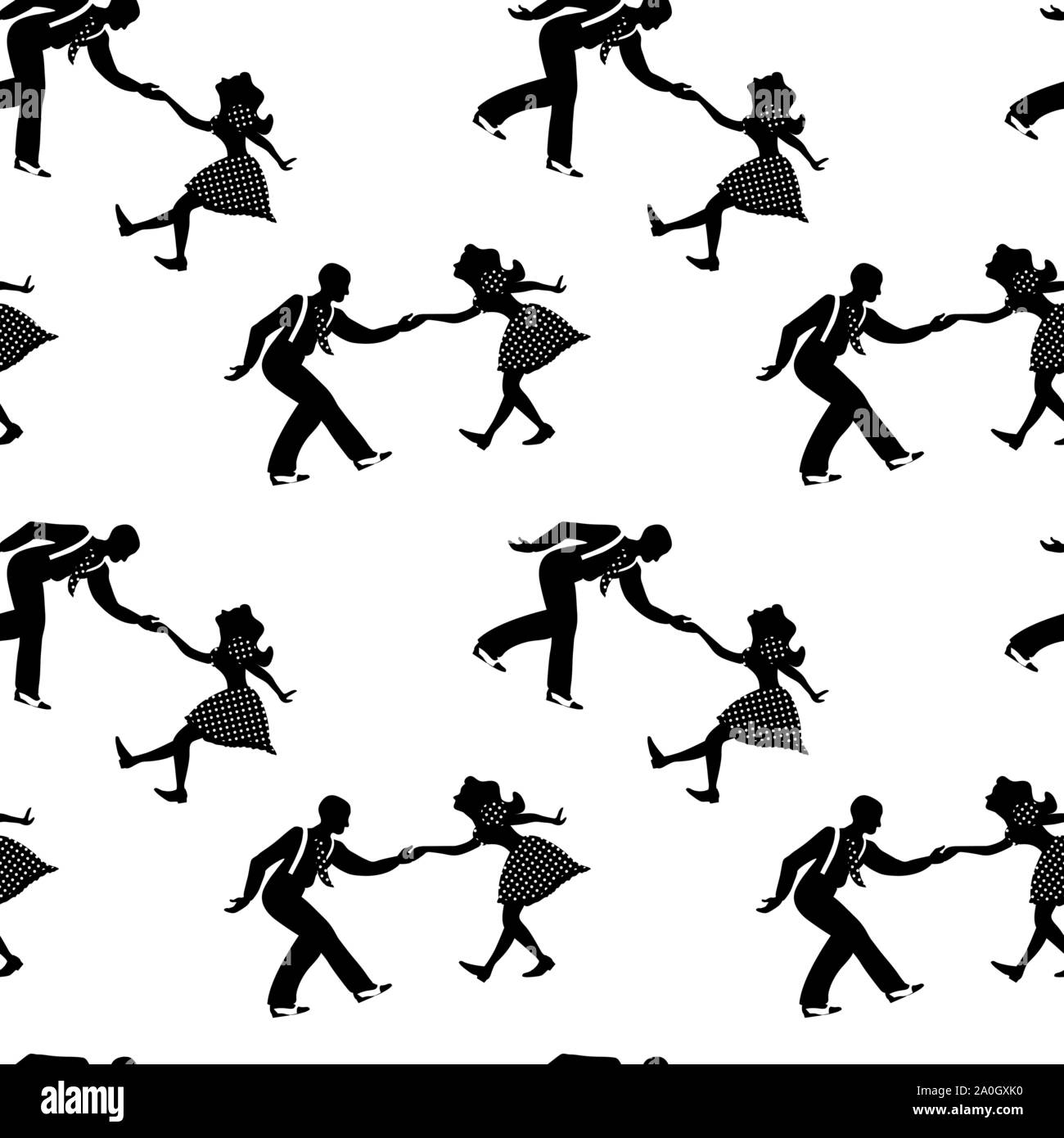 Modèle transparent avec les couples danser le jazz. Les couleurs noir et blanc. Années 1940 et 1930, style. Femme en robe avec des points et de l'homme avec bretelles et cravate. Illustration de Vecteur