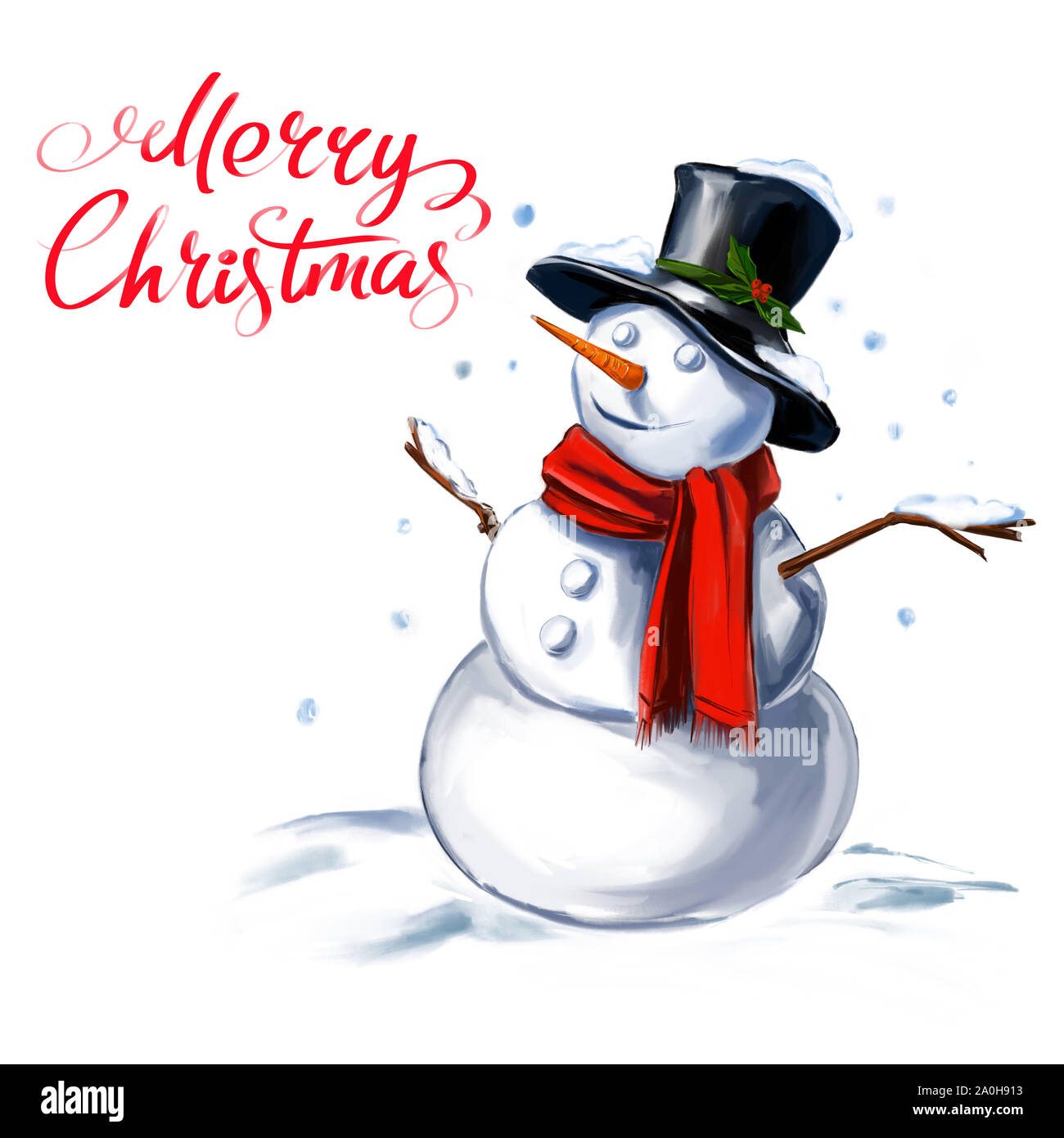 Bonhomme de neige de noël Christmas caractère, illustration de l'art peint à l'aquarelle. Banque D'Images