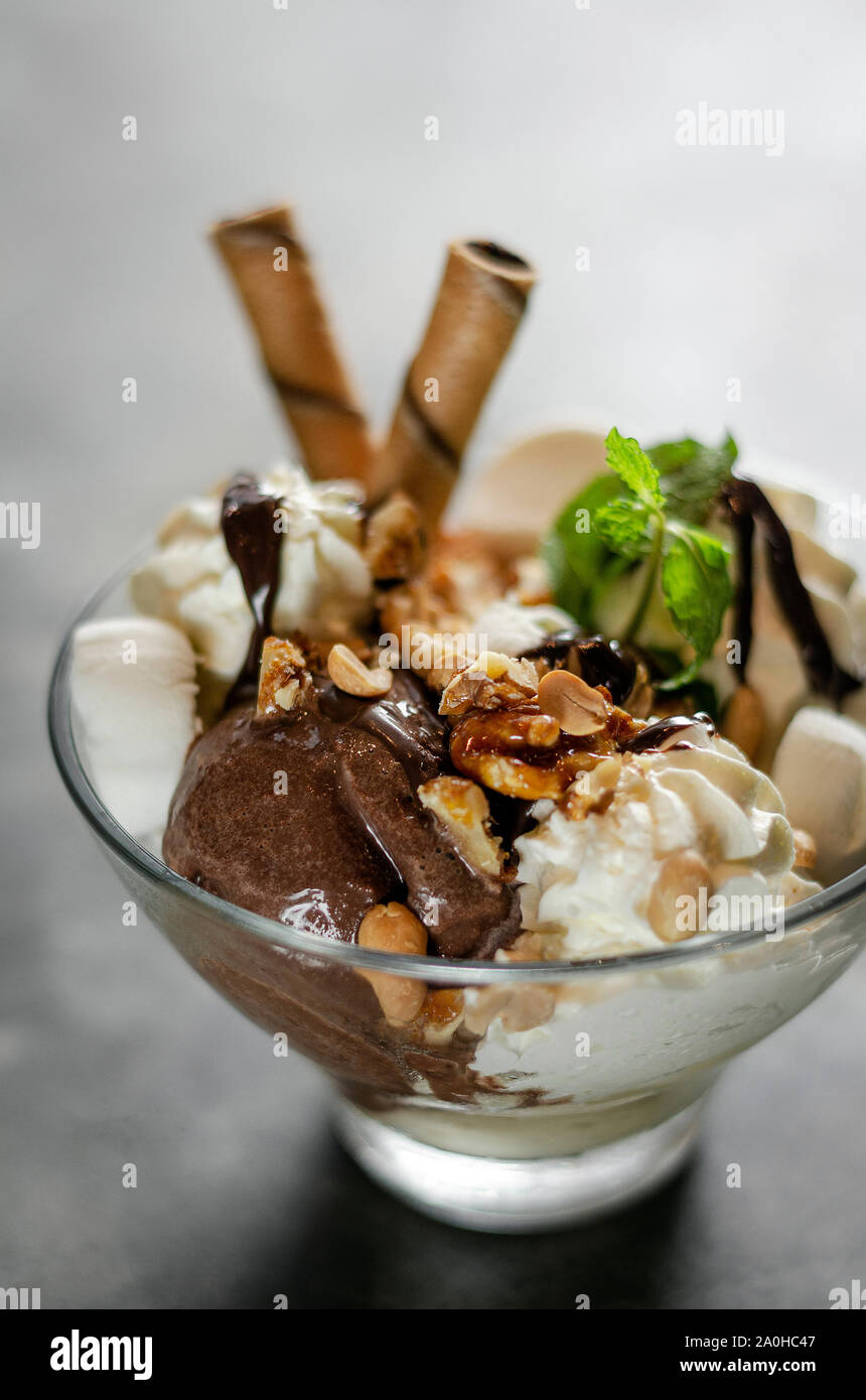 Chocolat bio, à la menthe et crème glacée à la vanille dans un bol à dessert Banque D'Images