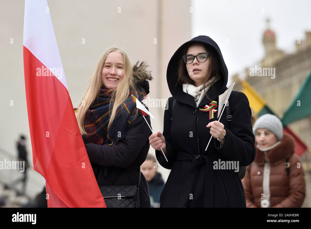 Vilnius, Lituanie - 16 février : personnes non identifiées se sont réunis avec les drapeaux dans une célébration de la Journée national de l'indépendance de la Lituanie sur Februar Banque D'Images