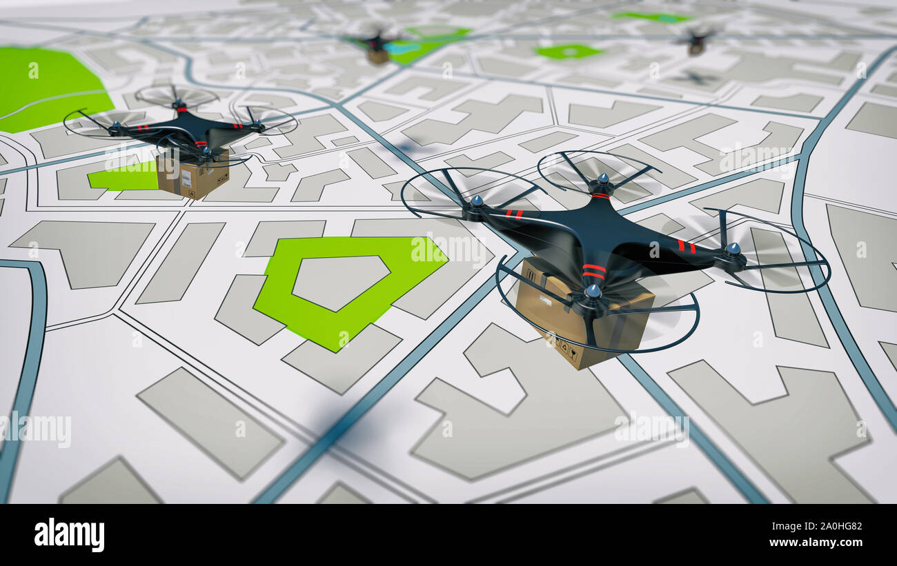 L'expédition de vol d'un paquet à l'UAV drone avec guide autonome Banque D'Images
