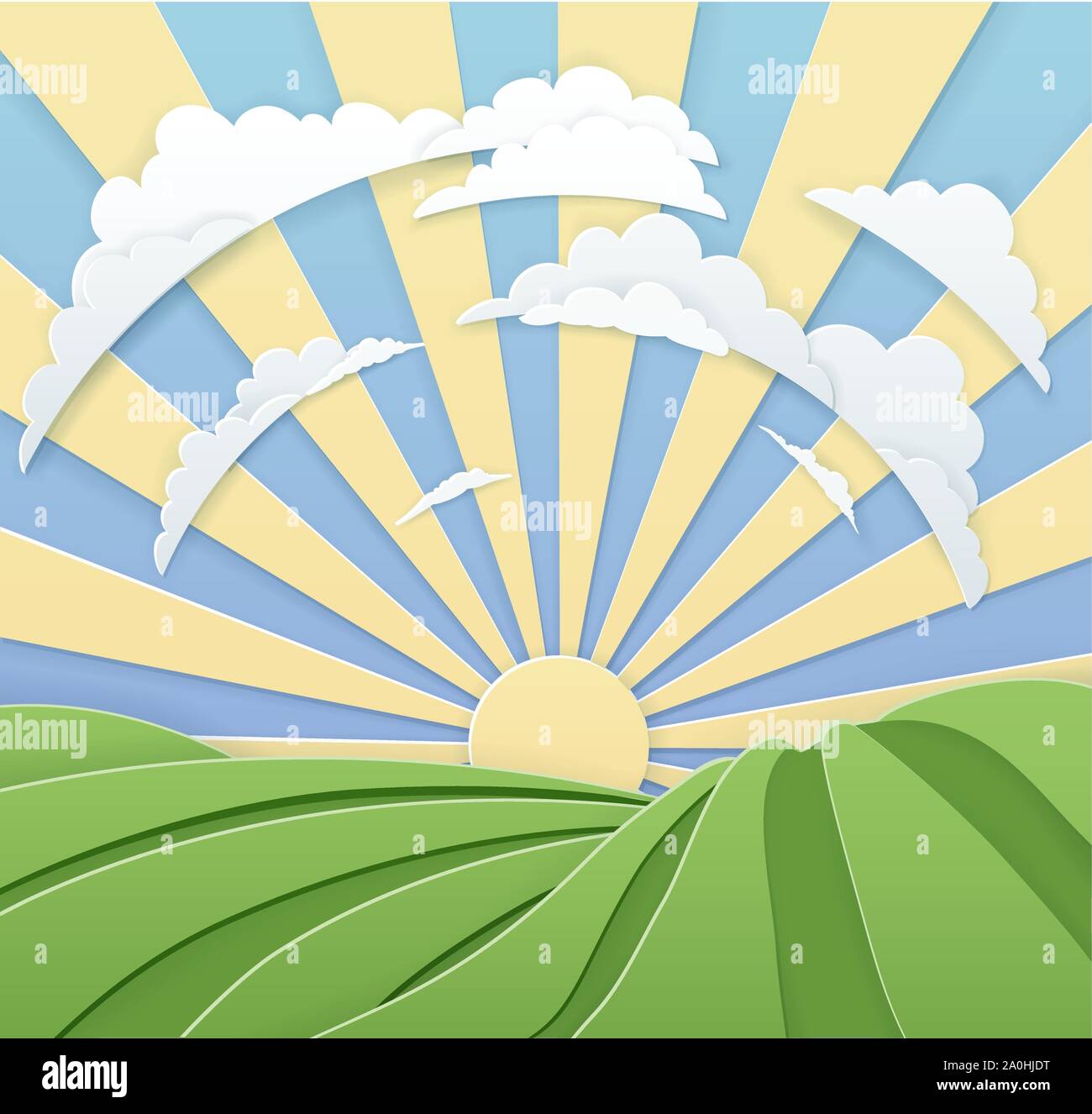 Domaine Collines Lever du soleil Ciel Style Papier Illustration de Vecteur