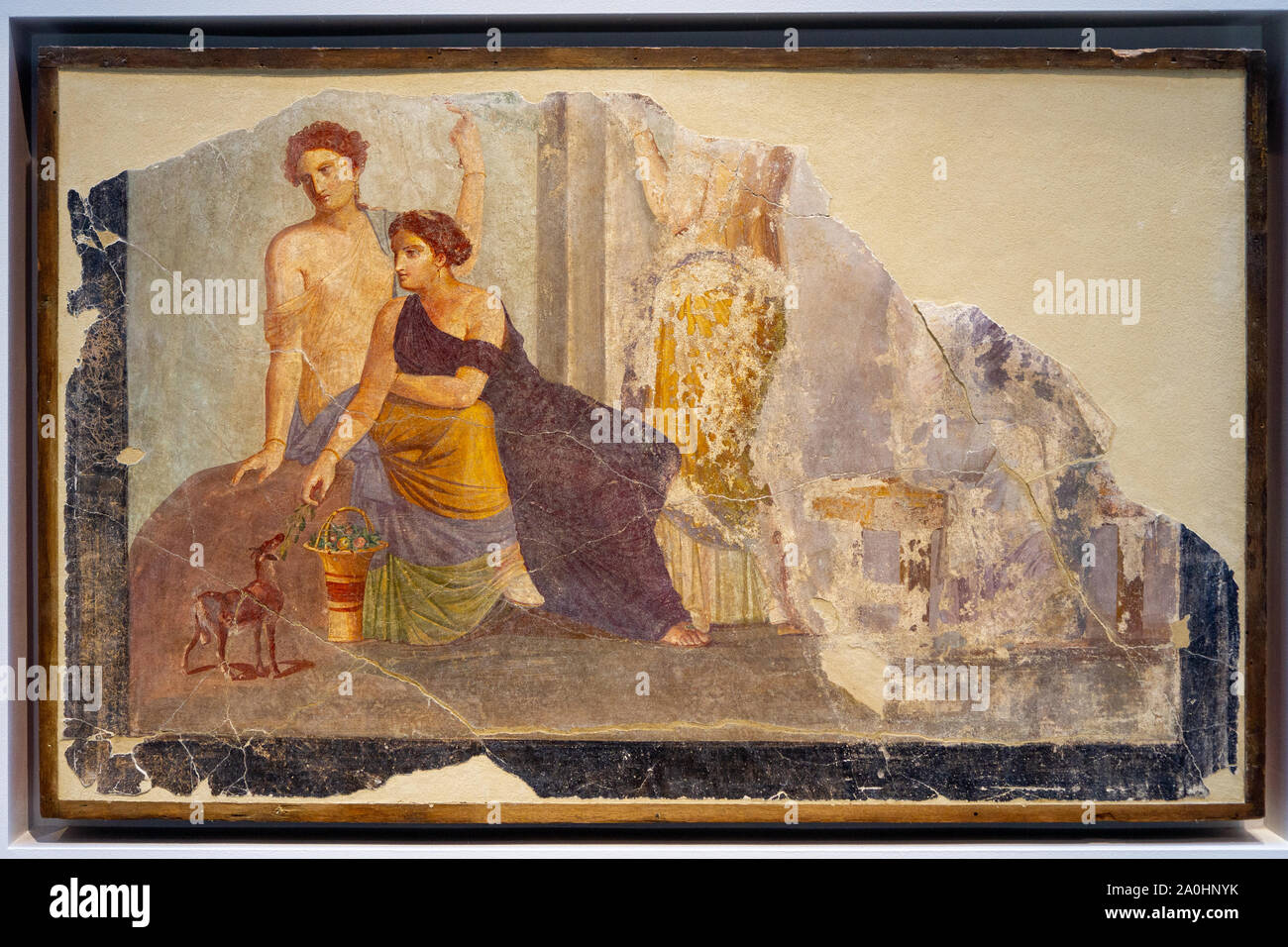 Fragment de peinture murale : femme à côté un faon, scène culte bachiques ? Autour de 30-50AD. En plein air. De Pompéi, Italie. Banque D'Images