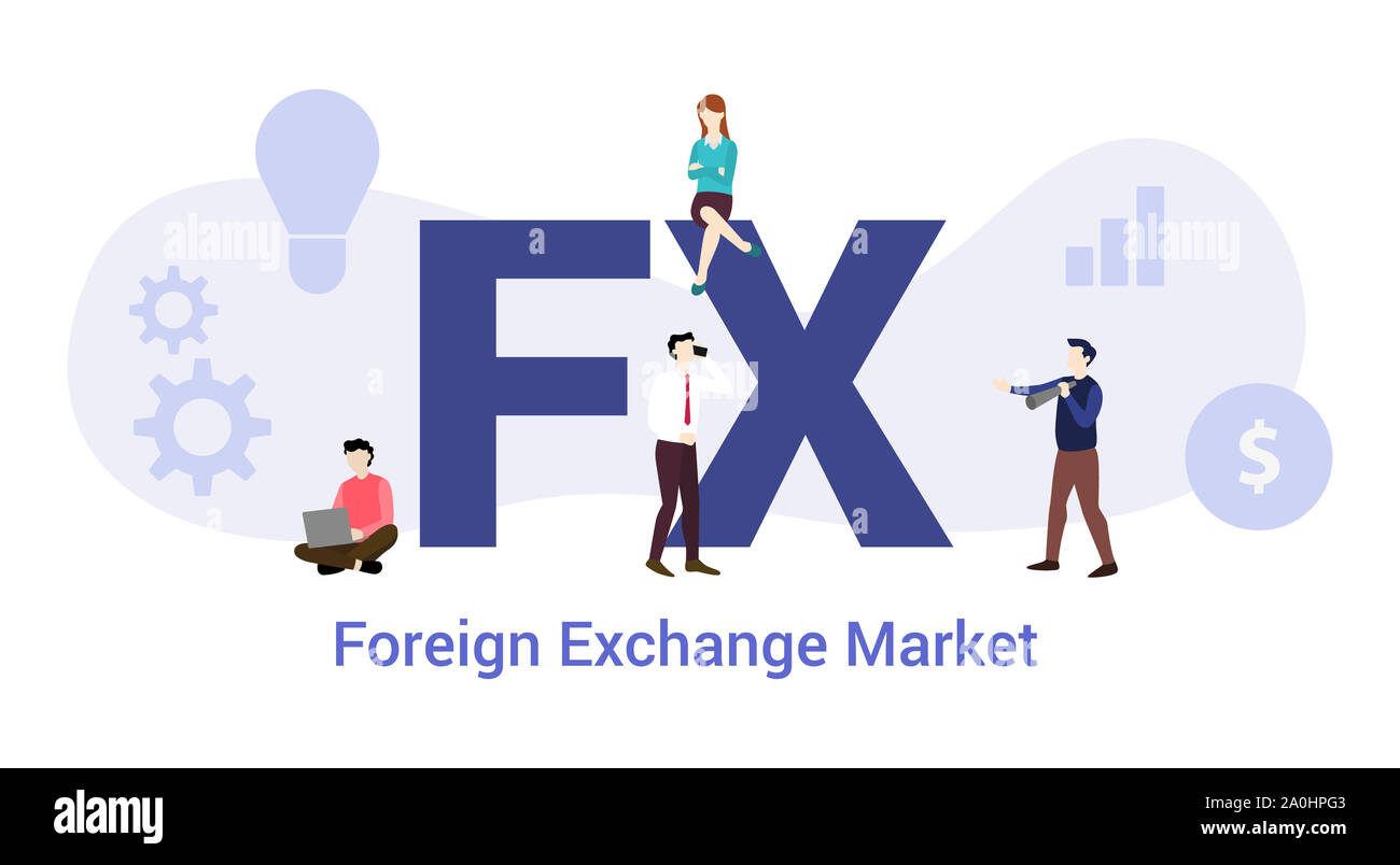 Marché des changes fx concept avec grand mot ou texte et de l'équipe de personnes avec une télévision moderne style - vector illustration Banque D'Images Marché des changes fx concept avec grand mot ou texte et de l'équipe de personnes avec une télévision moderne style - vector illustration Banque D'Images
