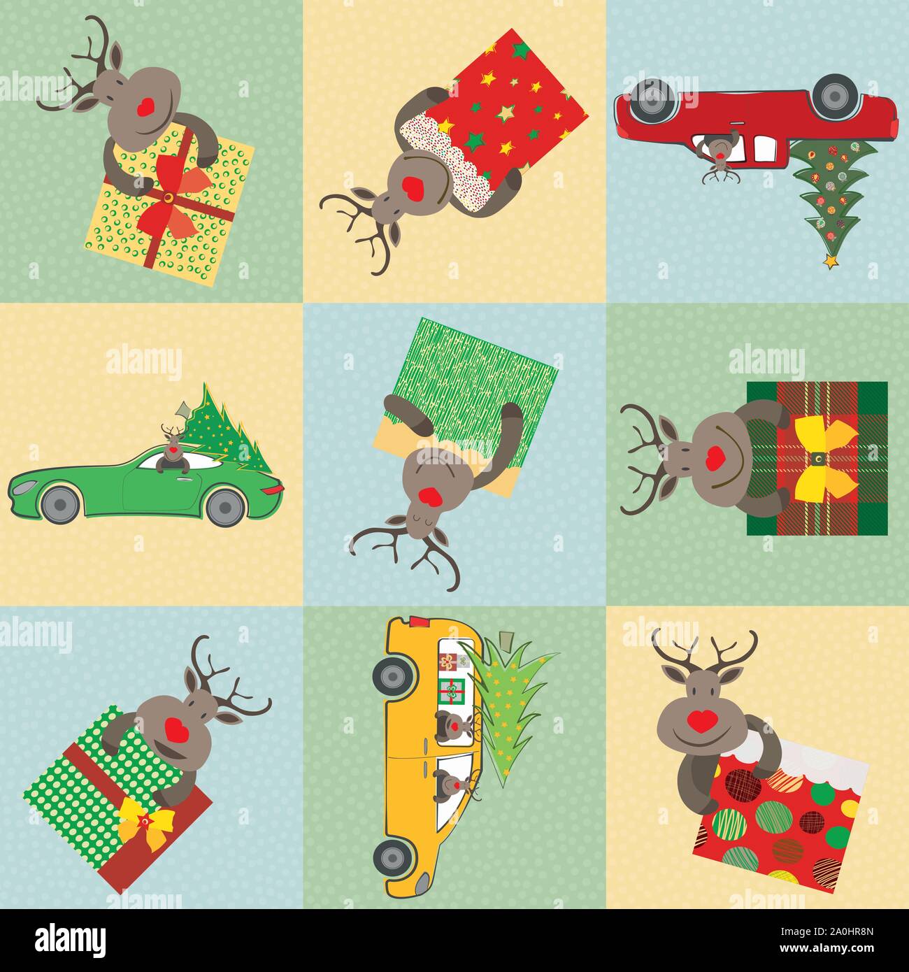 Cute cartoon multicolore avec rennes présente et les voitures. Patchwork géométrique. Modèle vectoriel continu sur l'or, bleu pastel et vert snow Illustration de Vecteur