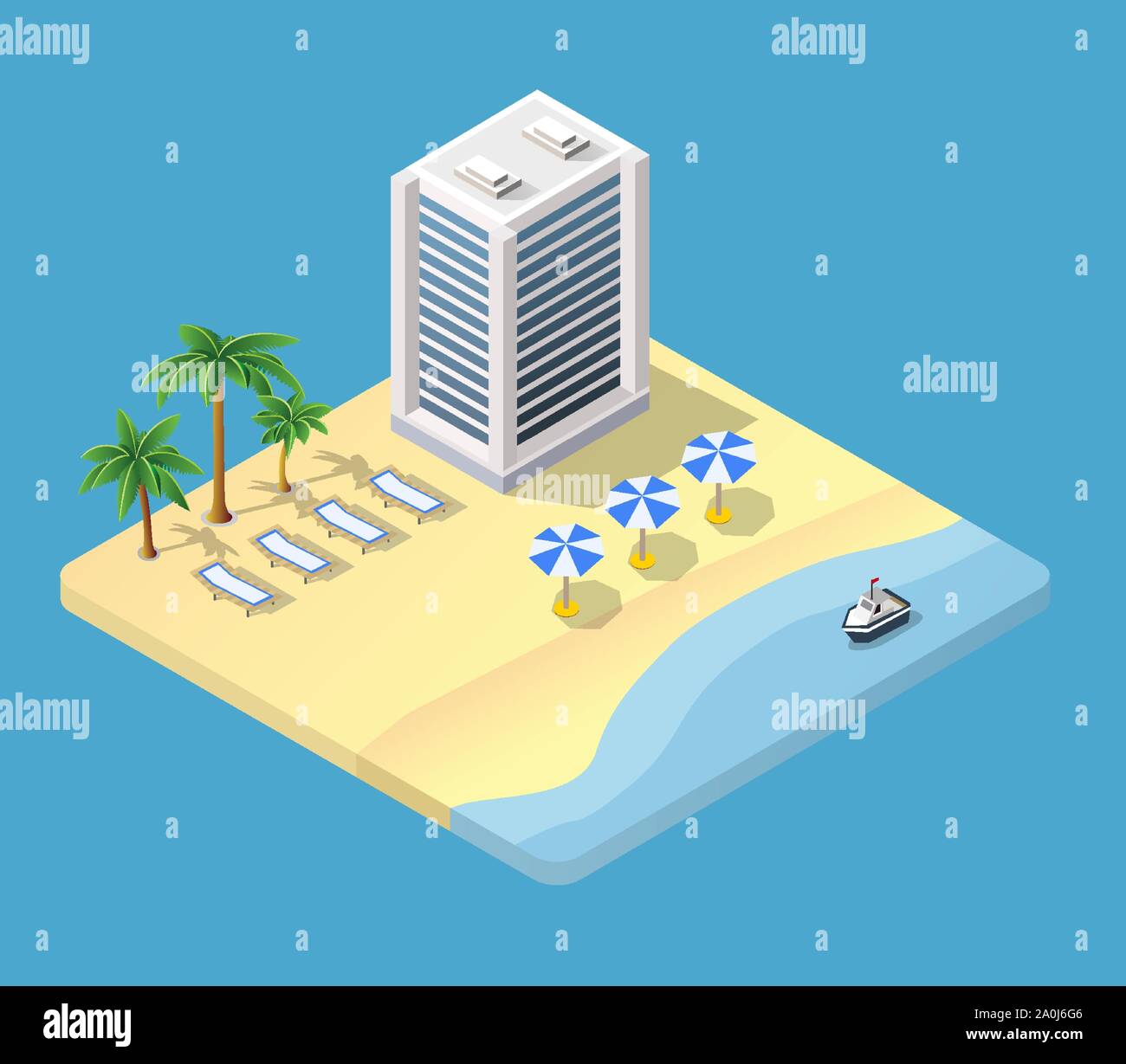 3D isométrique avec une plage de l'hôtel Illustration de Vecteur