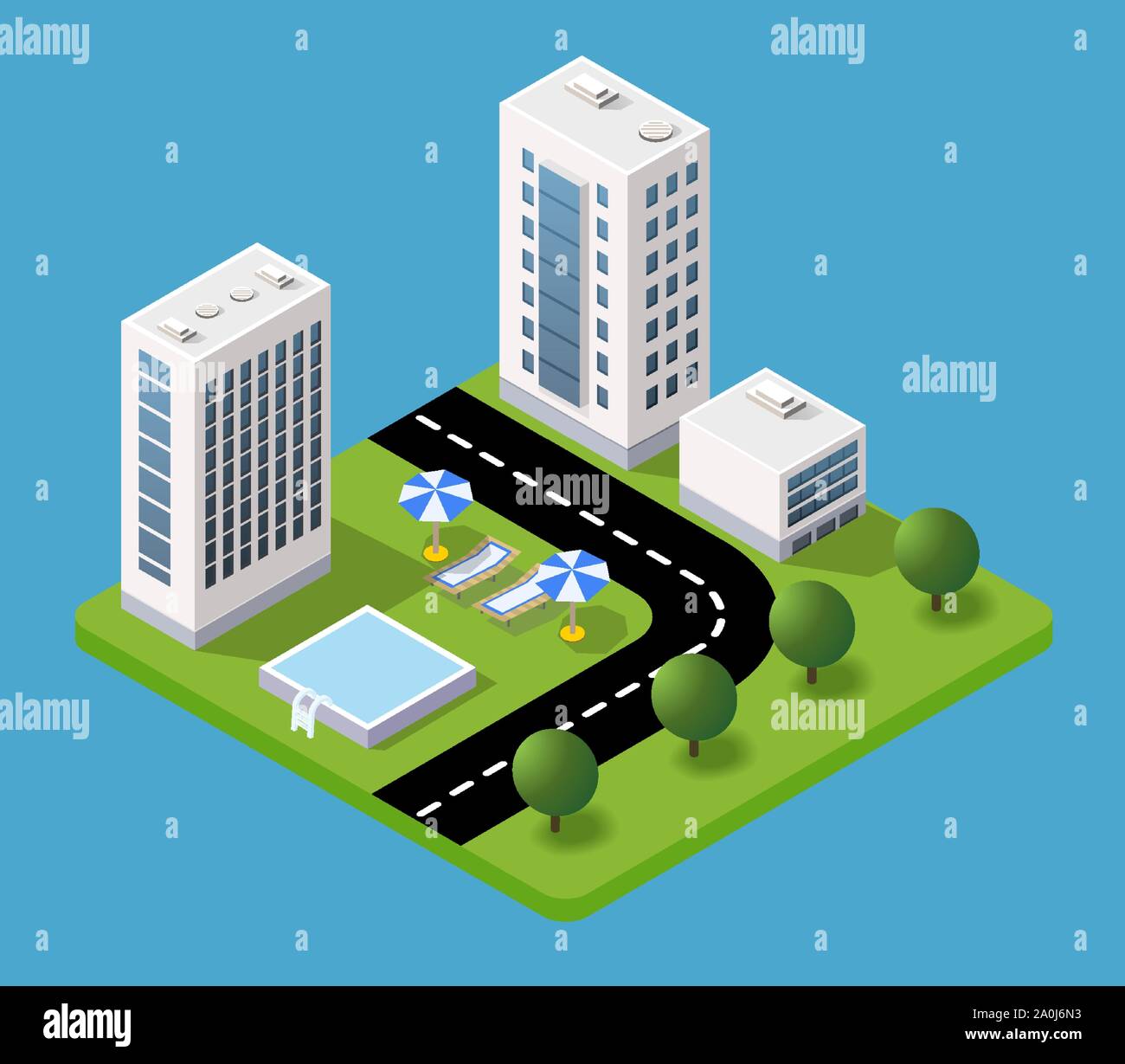 3D isométrique avec une plage de l'hôtel Illustration de Vecteur