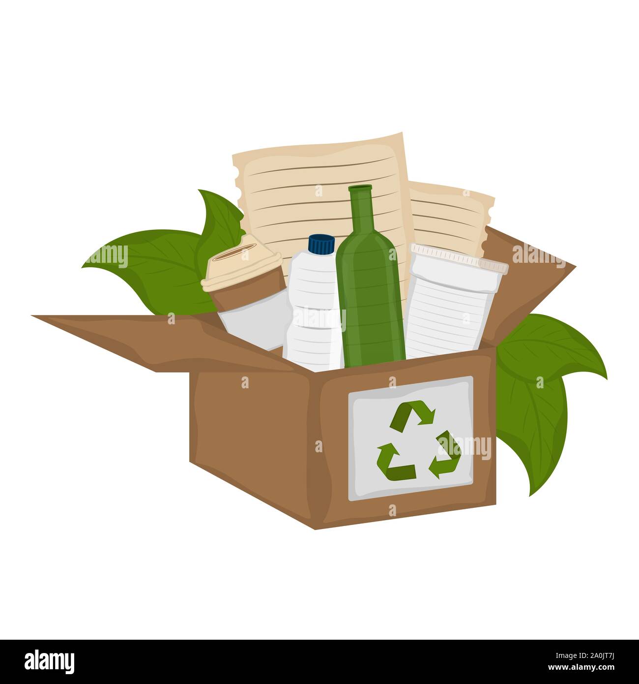 Boîte de recyclage de bouteilles, feuilles et les feuilles de papier - Vector Illustration de Vecteur