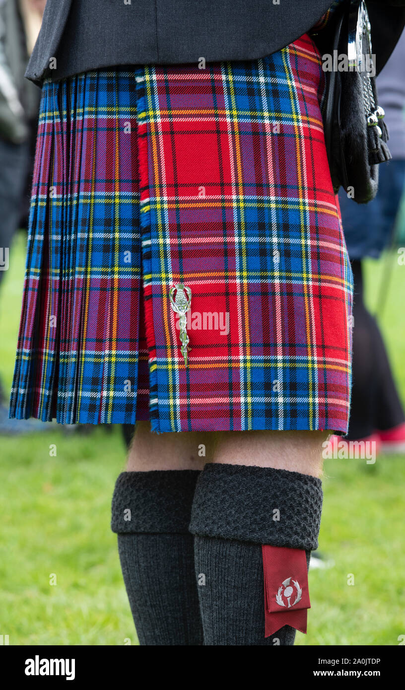 Kilt en tartan rouge et bleu et détail sporran à Peebles Highland Games. Scottish Borders, Scotland Banque D'Images