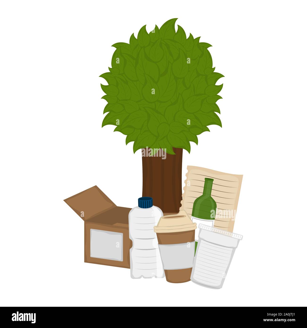 Arbre généalogique avec bos carton, bouteilles, feuilles et papr tasses. Concept de recyclage - Vector Illustration de Vecteur