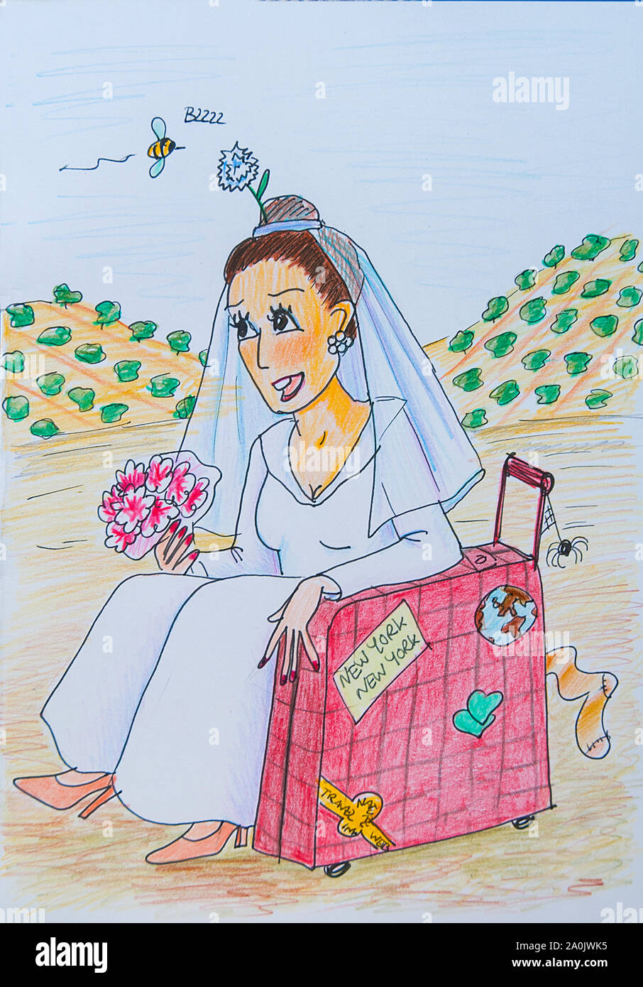 Bride sitting dans la campagne avec une valise. L'illustration. Banque D'Images