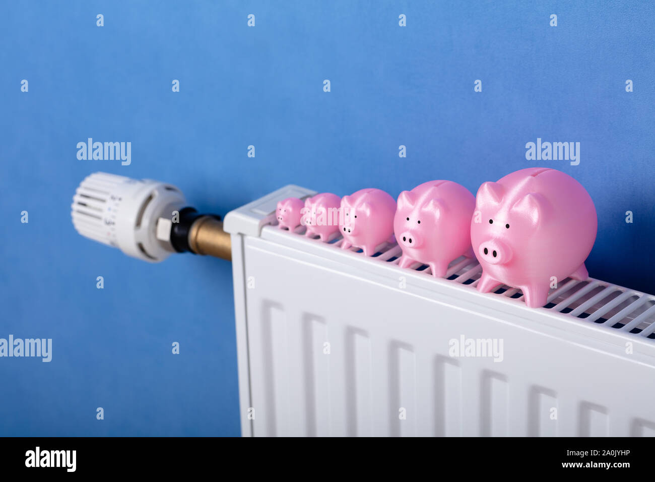 Close-up of Pink Piggy Banks conservés dans une rangée sur radiateur Banque D'Images
