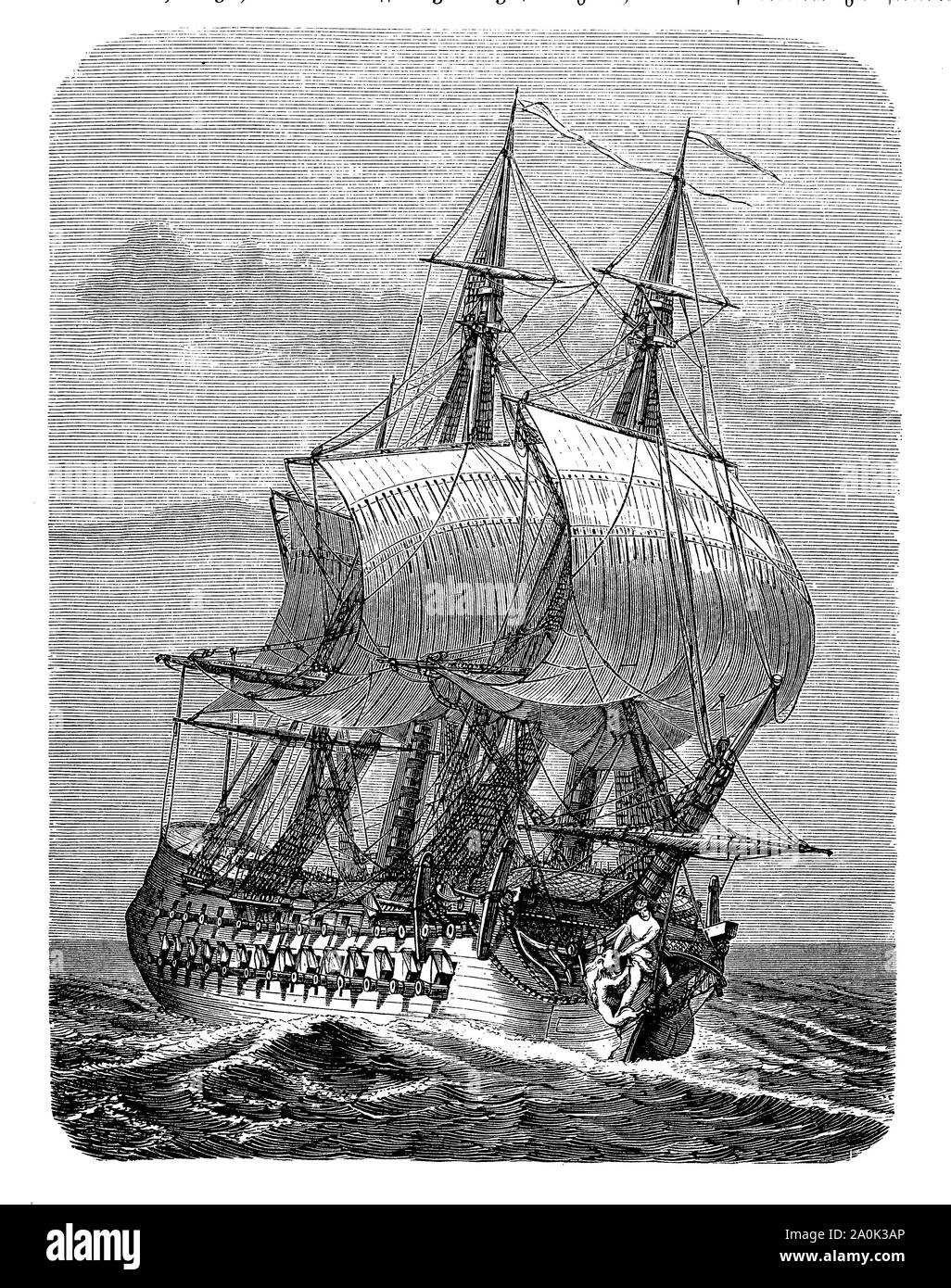 Louis XIV reconstruit la marine française, l'Hercule de guerre avec 42 canons a été construit dans le chantier naval de Brest en 1655 Banque D'Images