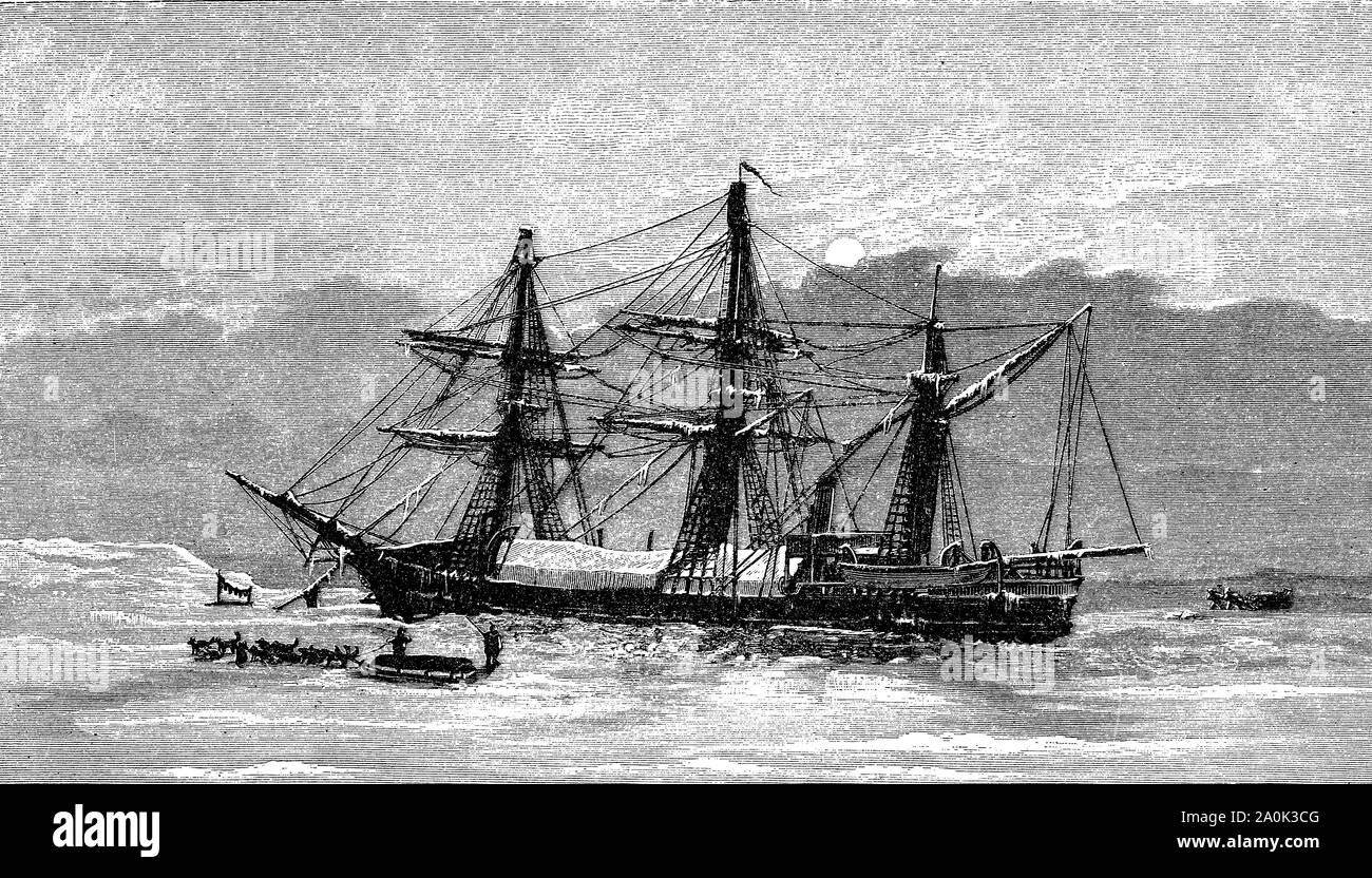 Swedish steamship SS Vega en hiver trimestre en 1879 au cours de l'expédition arctique pour naviguer dans le passage du nord-est, la route maritime entre l'Europe et l'Asie par l'Océan Arctique Banque D'Images