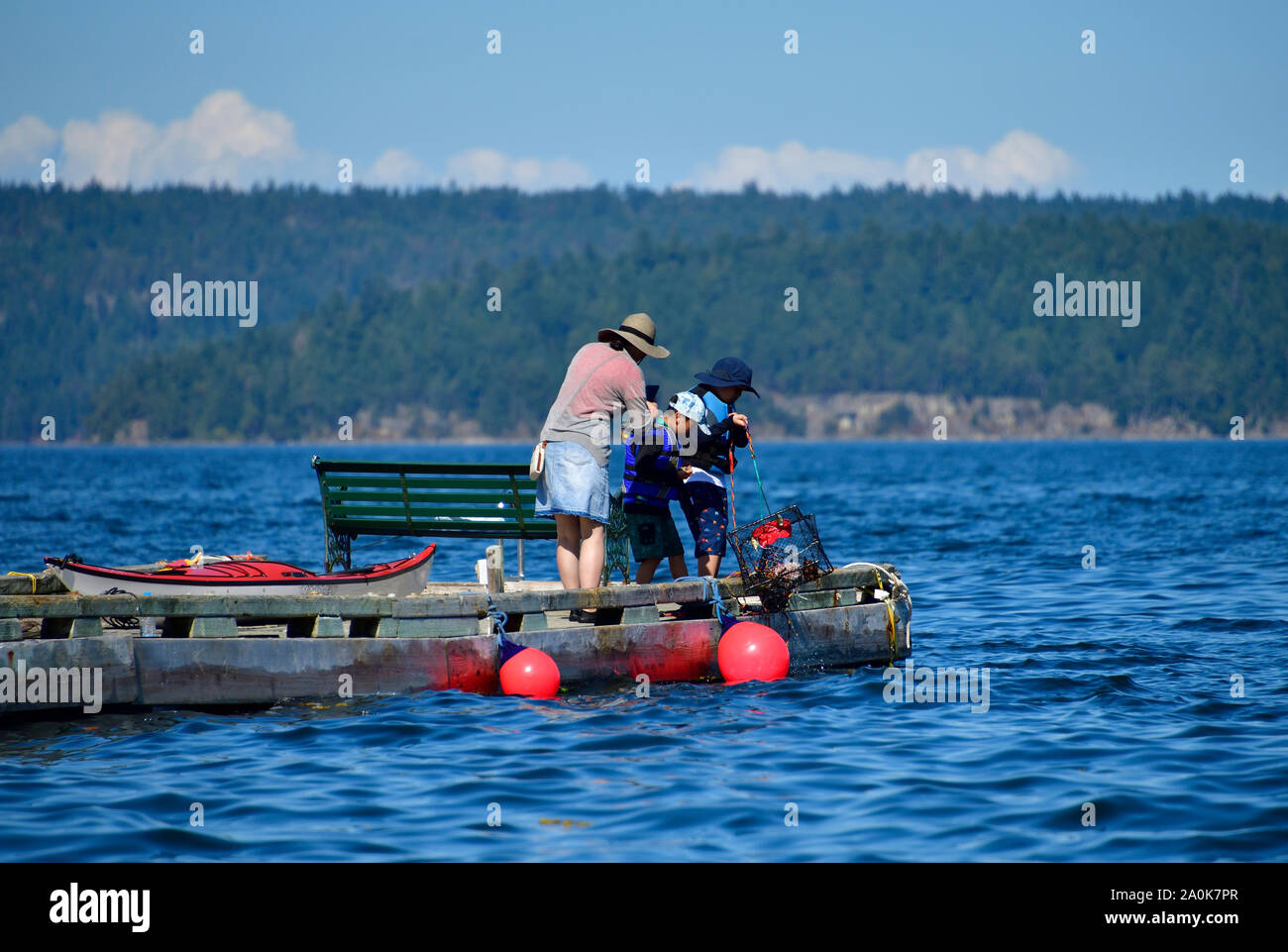 Les gens pour la pêche du crabe commun rouge à partir de la fin d'un dockon l'île de Vancouver en Colombie-Britannique, Canada. Banque D'Images