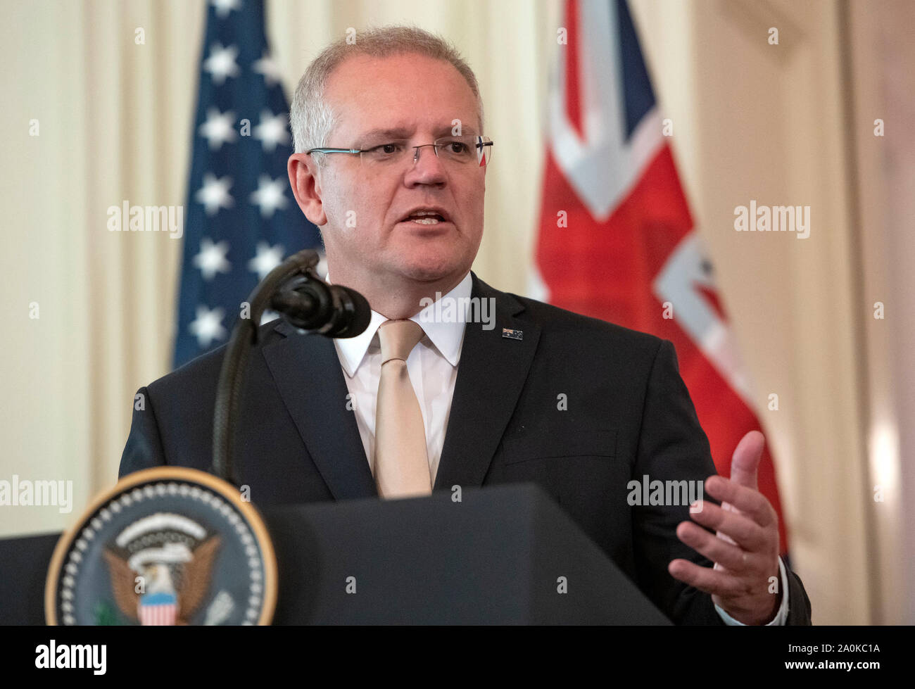 Premier Ministre Scott Morrison de l'Australie fait de remarques au cours d'une conférence de presse conjointe avec le Président des Etats-Unis, Donald J. Trump dans l'East Room de la Maison Blanche à Washington, DC le vendredi 20 septembre, 2019. Credit : MediaPunch Inc/Alamy Live News Banque D'Images