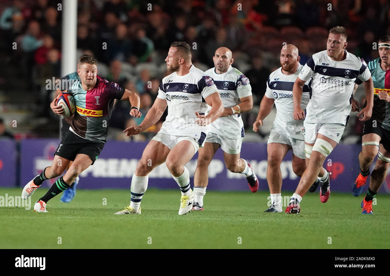 Harlequins' Charlie Mulchrone au cours de la Premiership Rugby Cup Round 1 match à Twickenham Stoop, Londres. Banque D'Images