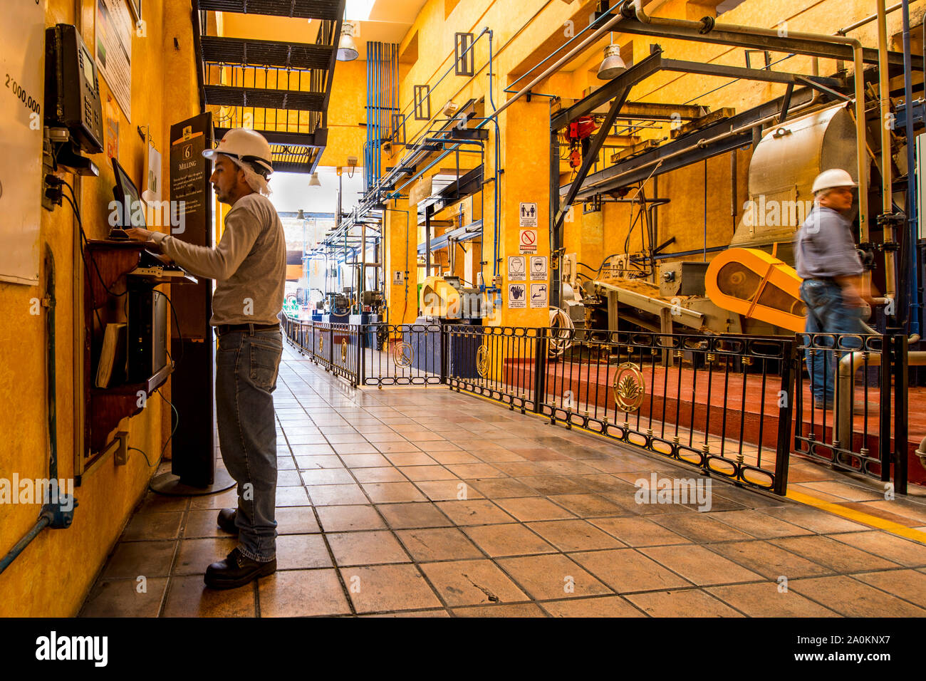 Travailleurs de l'usine sur le sol à la distillerie Jose Cuervo la Rojena Tequila, Tequila, site classé au patrimoine mondial de l'UNESCO, Jalisco, Mexique. Banque D'Images