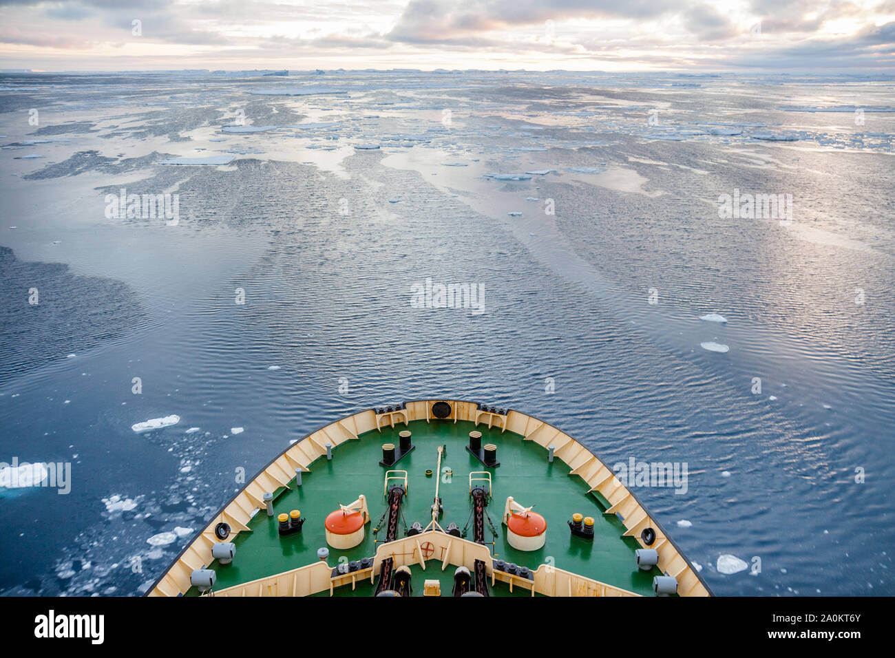 De proue le brise-glace Kapitan Khlebnikov coupant à travers la glace de mer et flottantes en route vers la mer de Weddell, l'Antarctique Banque D'Images