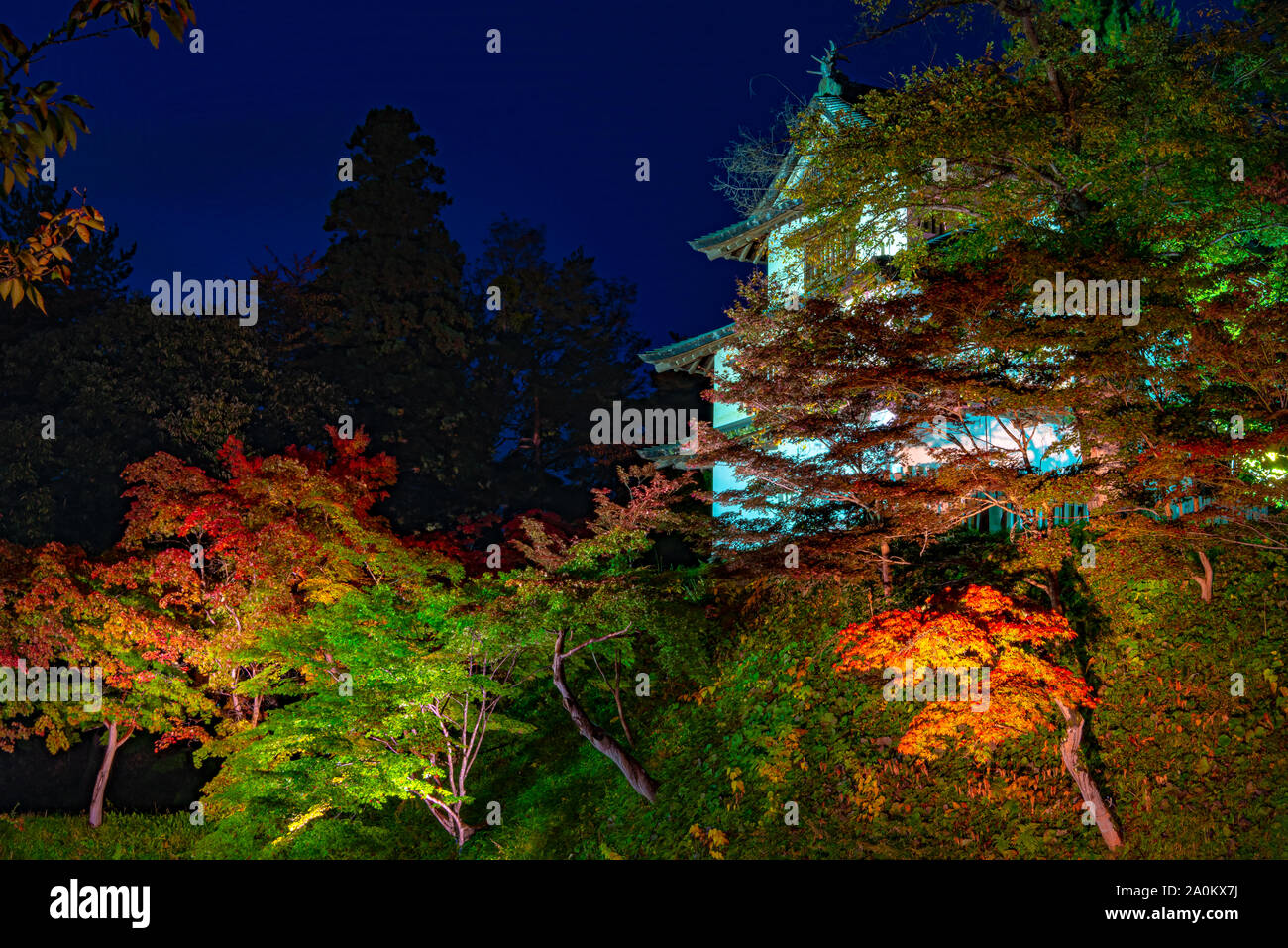 Parc du Château d'Hirosaki feuillage de l'automne vue paysage. De beaux paysages, les douves s'allumer la nuit allumer multicolor reflétant à la surface. Banque D'Images