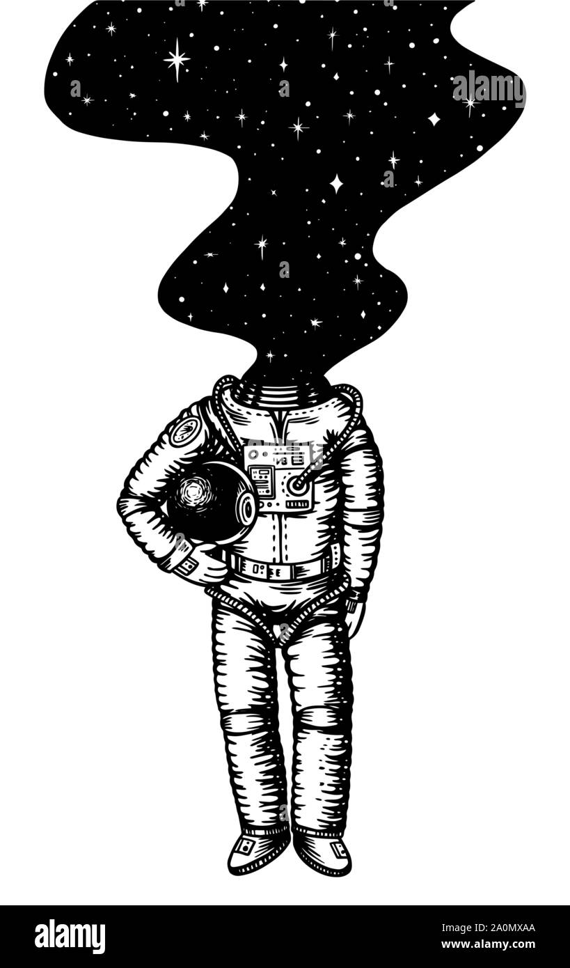 Planeur Spaceman. L'espace et Galaxie dans la tête. Astronaute dans le système solaire. Vieux croquis dessinés à la main, gravée dans un style vintage. Illustration de Vecteur