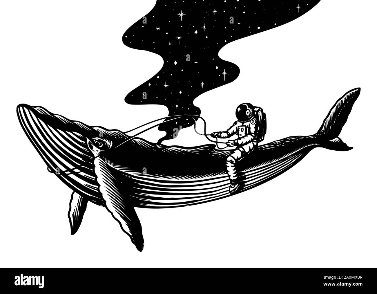 Spaceman et la baleine. Astronaute dans le système solaire. Vieux croquis dessinés à la main, gravée dans un style vintage. Illustration de Vecteur
