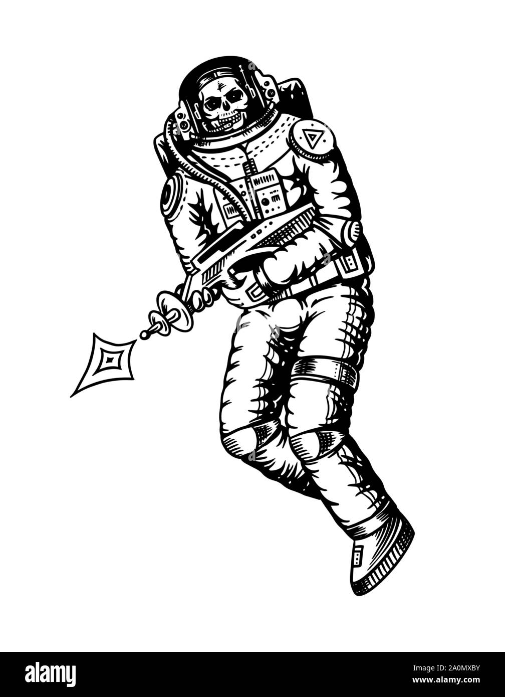 Planeur Spaceman. Squelette avec armes spatiales. Astronaute dans le système solaire. Vieux croquis dessinés à la main, gravée dans un style vintage. Illustration de Vecteur