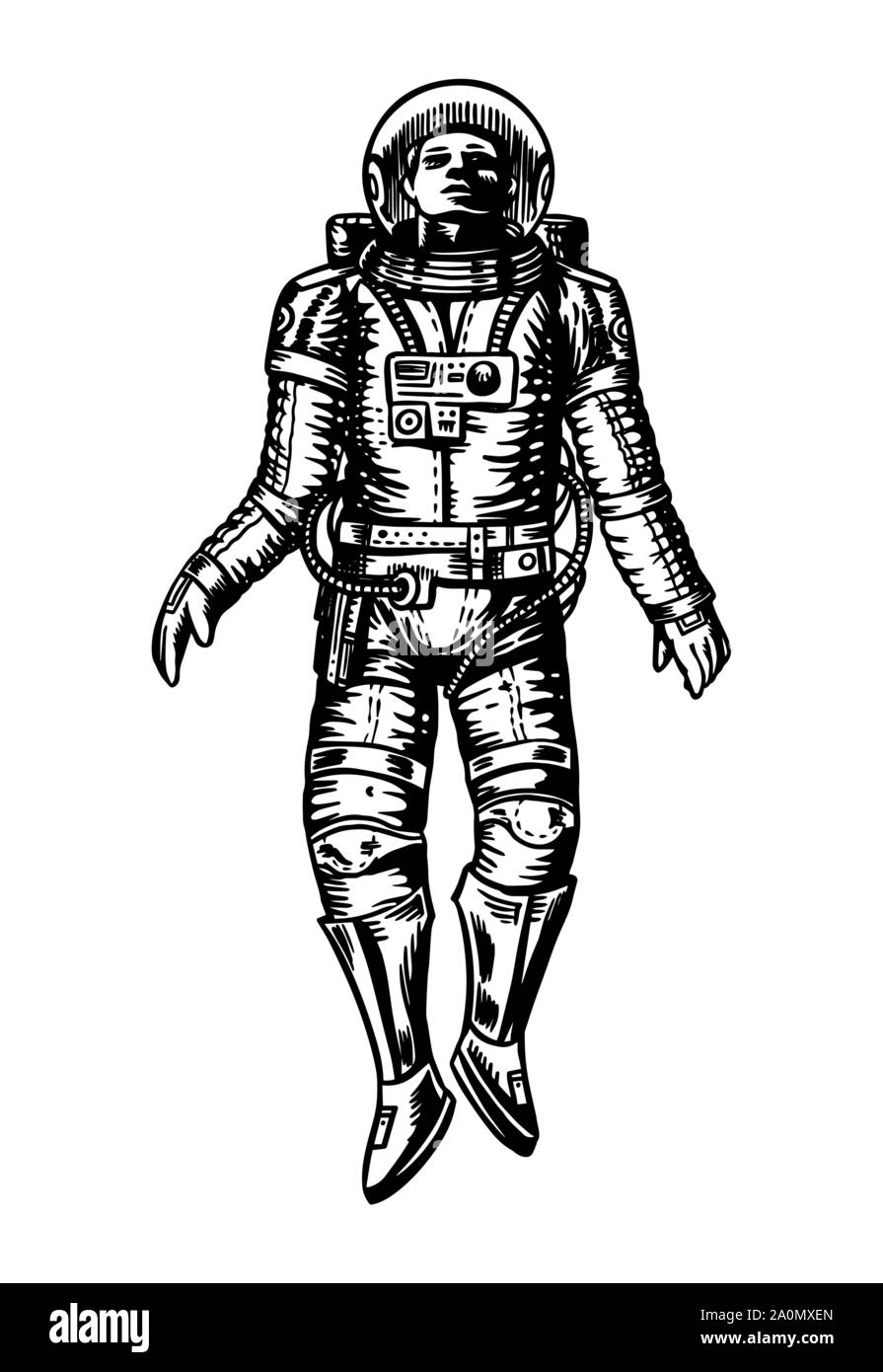 Planeur Spaceman dans l'espace. Astronaute dans le système solaire. Vieux croquis dessinés à la main, gravée dans un style vintage. Illustration de Vecteur