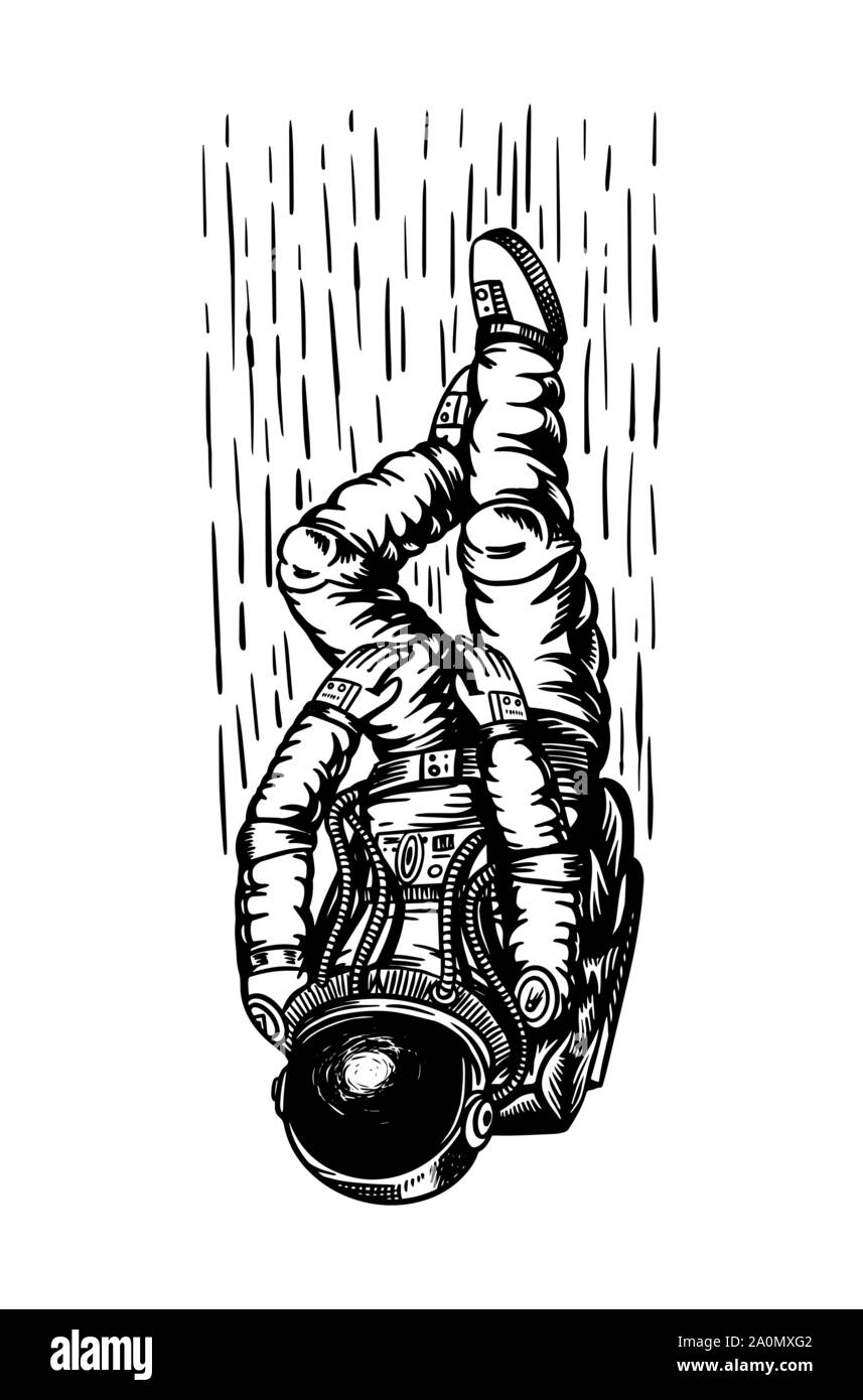 Planeur Spaceman dans l'espace. Astronaute dans le système solaire. Vieux croquis dessinés à la main, gravée dans un style vintage. Illustration de Vecteur
