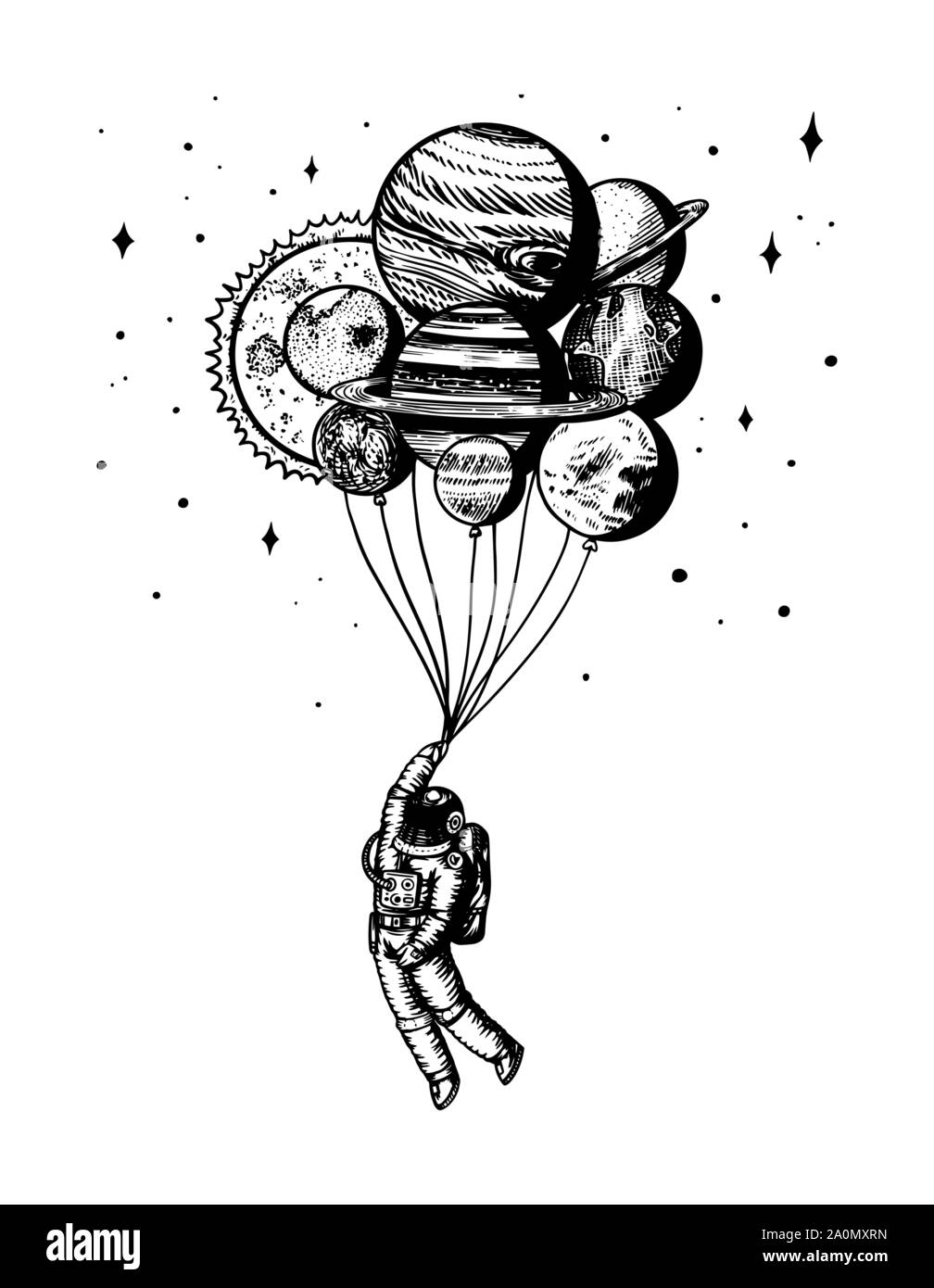 Planeur Spaceman. Astronaute de planètes. Ballons dans l'espace. L'homme dans le système solaire. Vieux croquis dessinés à la main, gravée dans un style vintage. Illustration de Vecteur