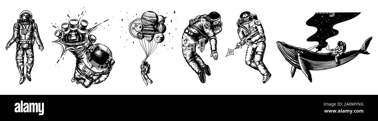 Ensemble d'astronautes dans le système solaire. Spaceman et whale, décoller le cosmonaute, des planètes dans l'espace, de ballons et de la lune. Dessinés à la main, gravée ancienne Illustration de Vecteur