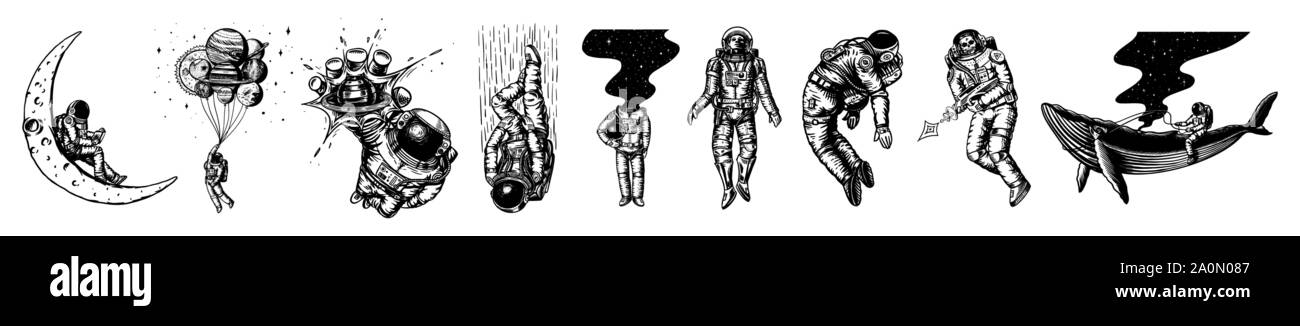 Ensemble d'astronautes dans le système solaire. Spaceman et whale, décoller le cosmonaute, des planètes dans l'espace, de ballons et de la lune. Dessinés à la main, gravée ancienne Illustration de Vecteur