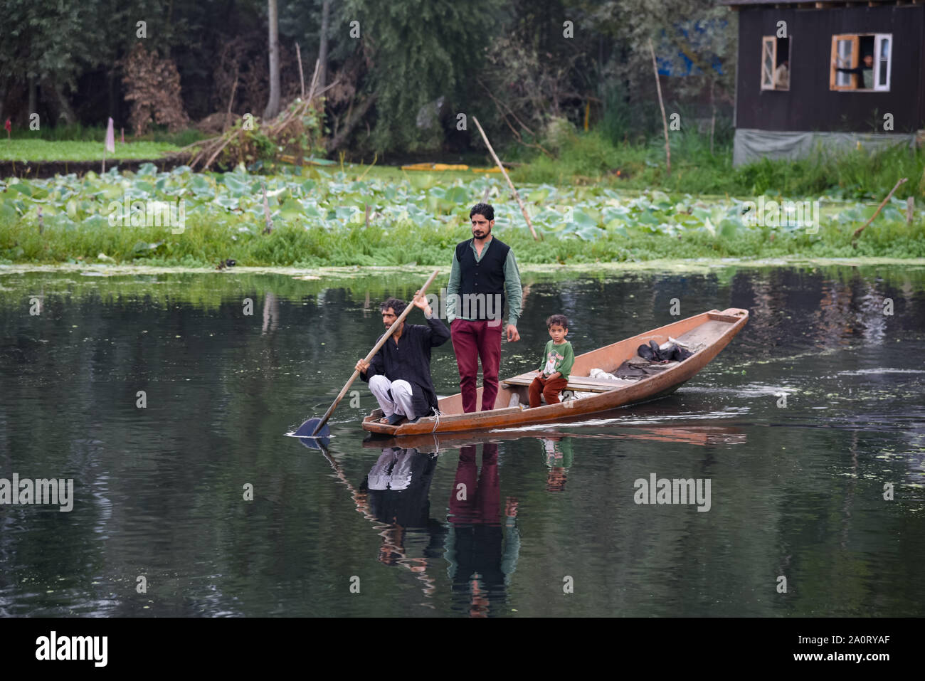 Srinagar, Jammu-et-Cachemire, en Inde. Sep 21, 2019. Un homme lignes son bateau tôt le matin sur le lac Dal à Srinagar restrictions au cours de la vie normale.reste perturbé pour la 47e journée en Vallée du Cachemire après l'abrogation de l'article 370 qui donne le statut spécial d'état. Credit : Idrees Abbas/SOPA Images/ZUMA/Alamy Fil Live News Banque D'Images