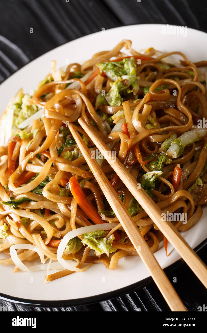 La direction authentique fried de nouilles chow mein aux légumes close-up sur une plaque verticale sur la table. Banque D'Images