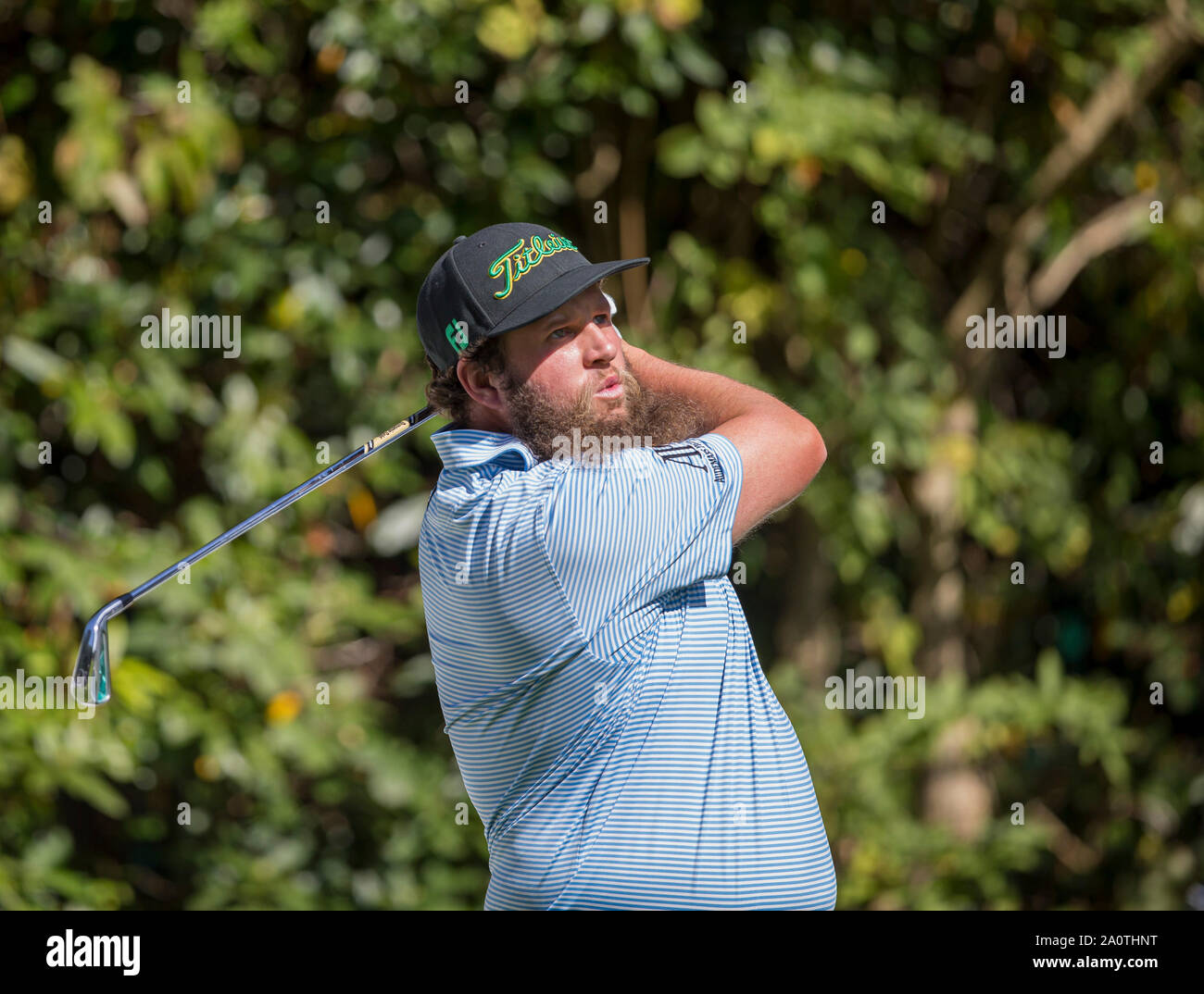 21 septembre 2019 ; Wentworth Club, Surrey, Angleterre ; European Tour Golf, BMW PGA Championship à Wentworth, troisième tour ; Andrew Johnston (FRA) prendre son coup de départ à la 7e trou Banque D'Images