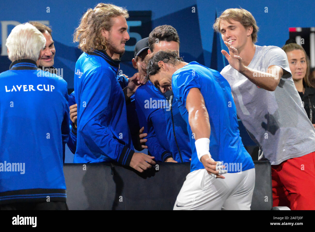 Genève, Suisse. Sep 21, 2019. RAFAEL NADAL et membres de Team Europe célébrer après Rafa a gagné son match v. M. Raonic dans la cuve dans l'événement tennis Cup Genève Suisse. Crédit : Christopher Levy/ZUMA/Alamy Fil Live News Banque D'Images