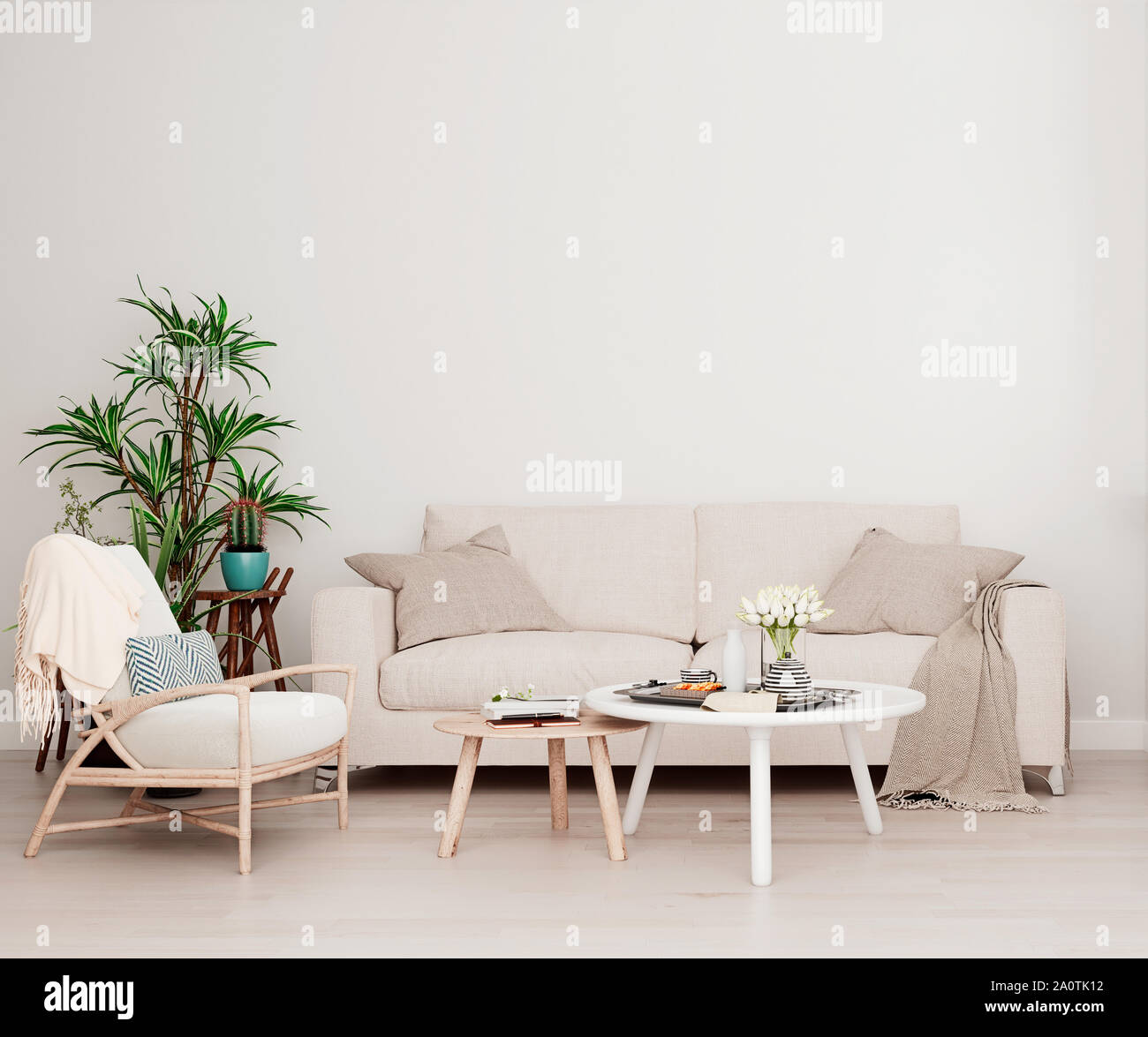 Simulation d'un mur blanc beige avec canapé, deux tables et une chaire en arrière-plan intérieur moderne, salle de séjour avec une grande fenêtre et un radiateur, Scandinavian styl Banque D'Images
