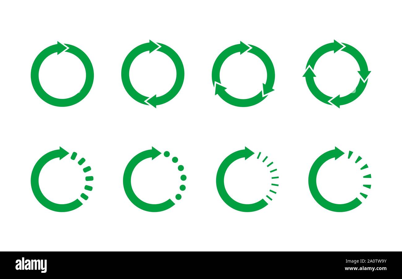 Jeu de 8 flèches cercle vert sur fond blanc. Le symbole de recyclage, cycle de vie, concept. Signe de rotation de la boucle. Des flèches représentant la circulation. Illustration de Vecteur